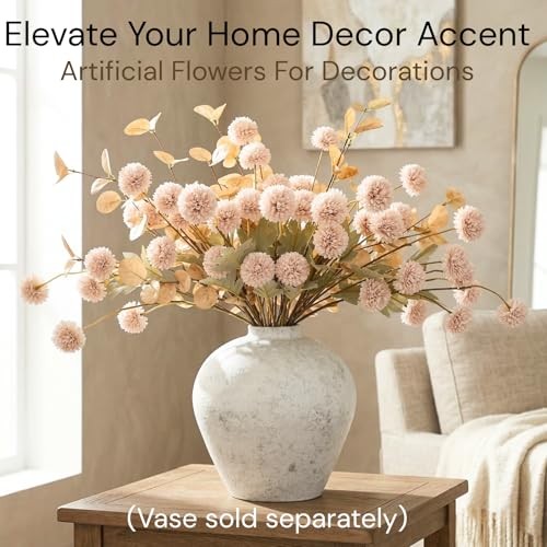 Artificial Flowers for Vase – Silk Mums 10 Long Stems with Eucalyptus, Beige