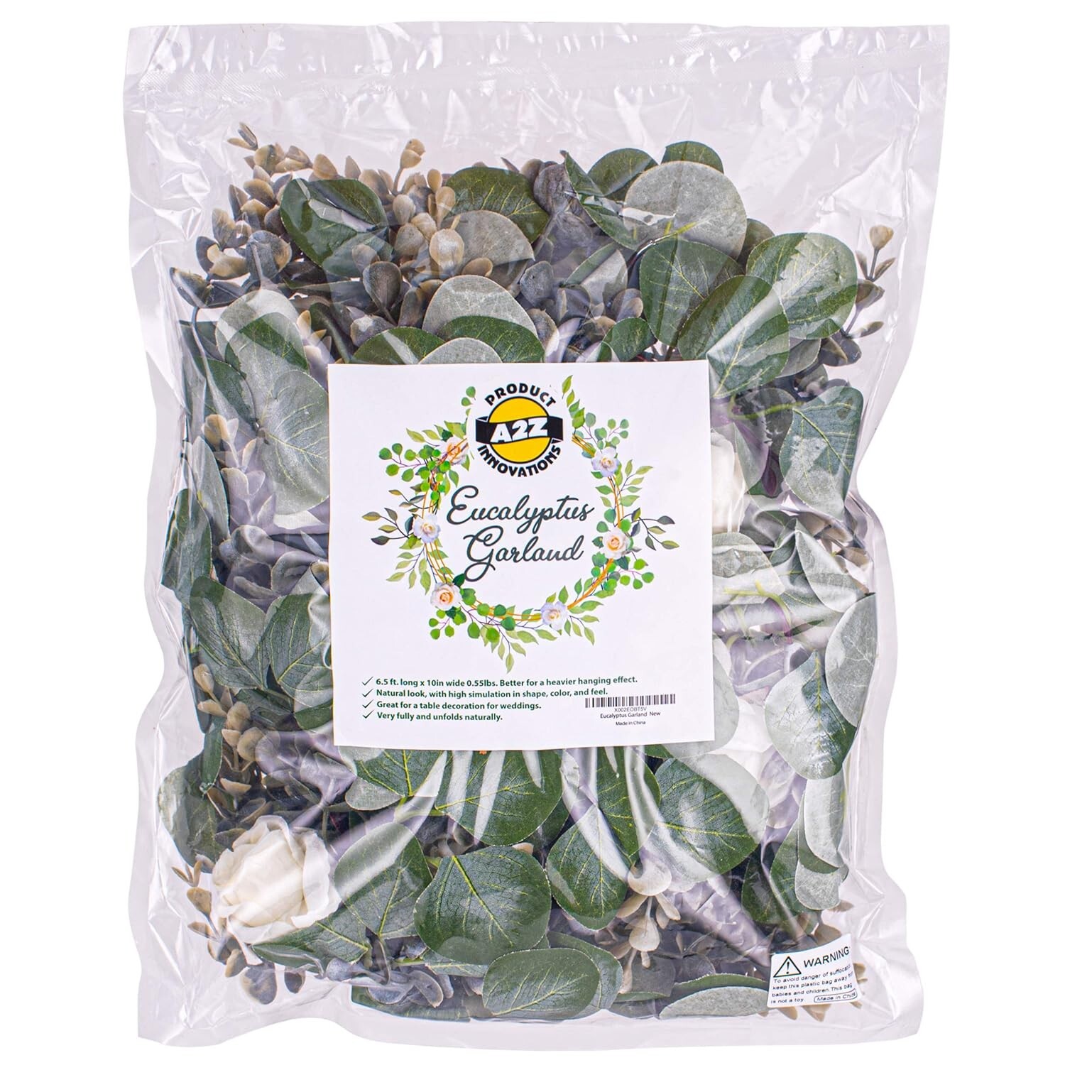 Faux Eucalyptus Garland (6.5ft) – Natural-Looking Green Leaves and White Rose Fl