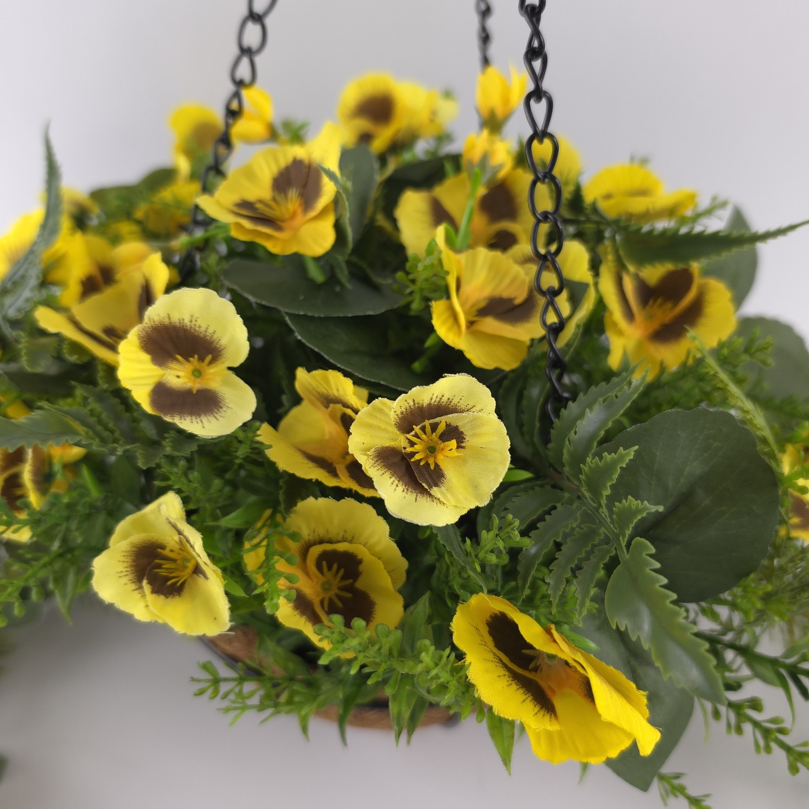 Garden Reflections Cascading Faux Pansy & Fern Hanging Basket Yellow