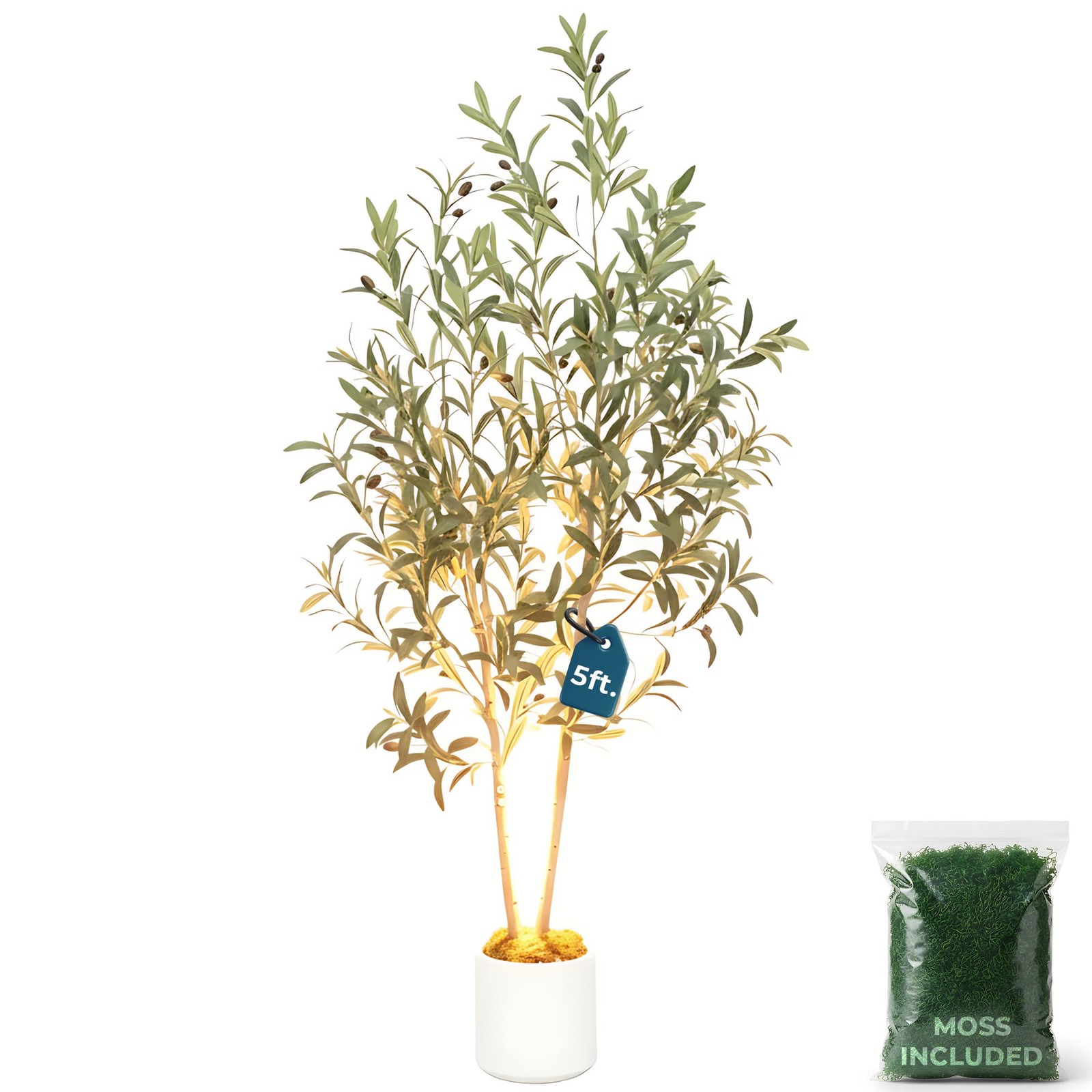 5ft (150 cm) Artificial Olive Tree with White Pot, Moss & USB LED – 711 Leave…