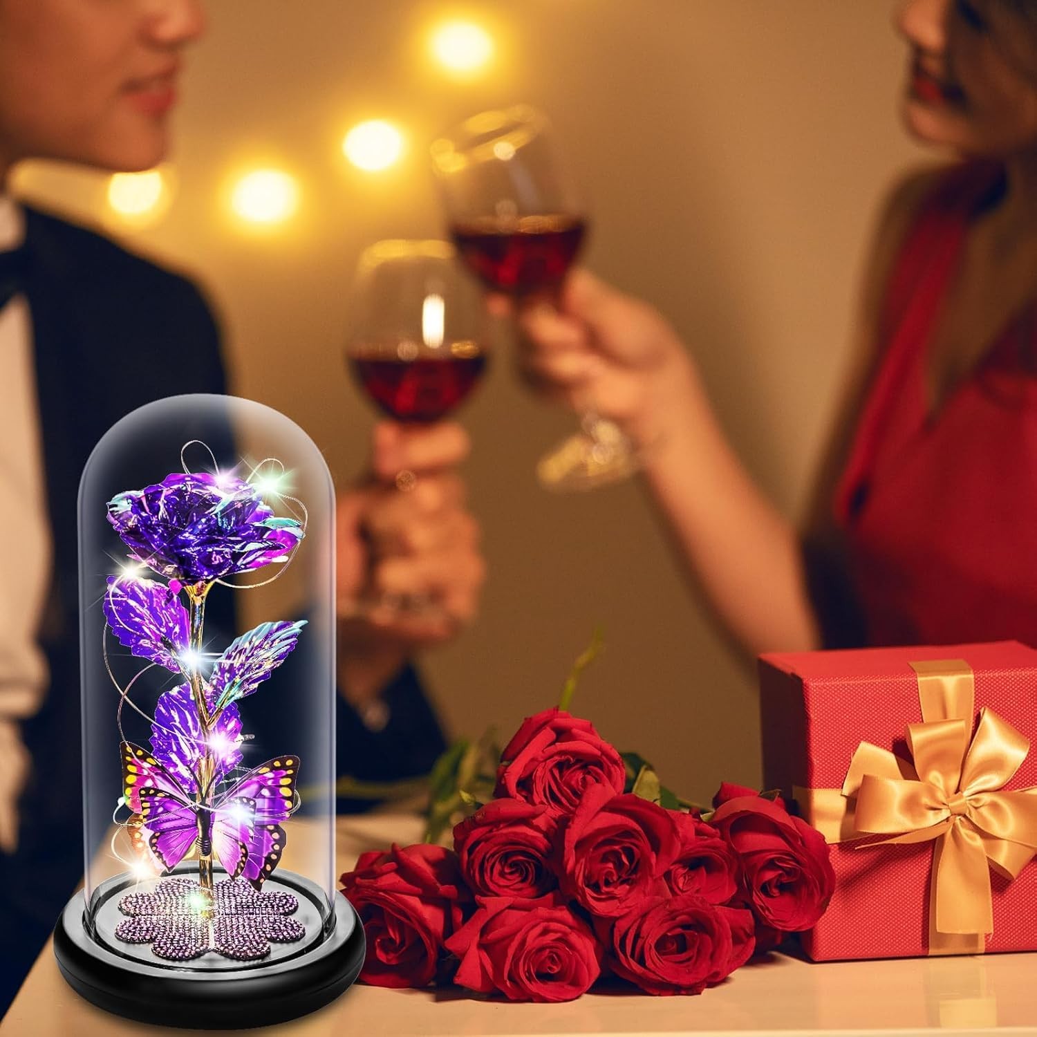 Crystal Flower Light Up Rose in Glass Dome with Butterfly | Valentine Gifts