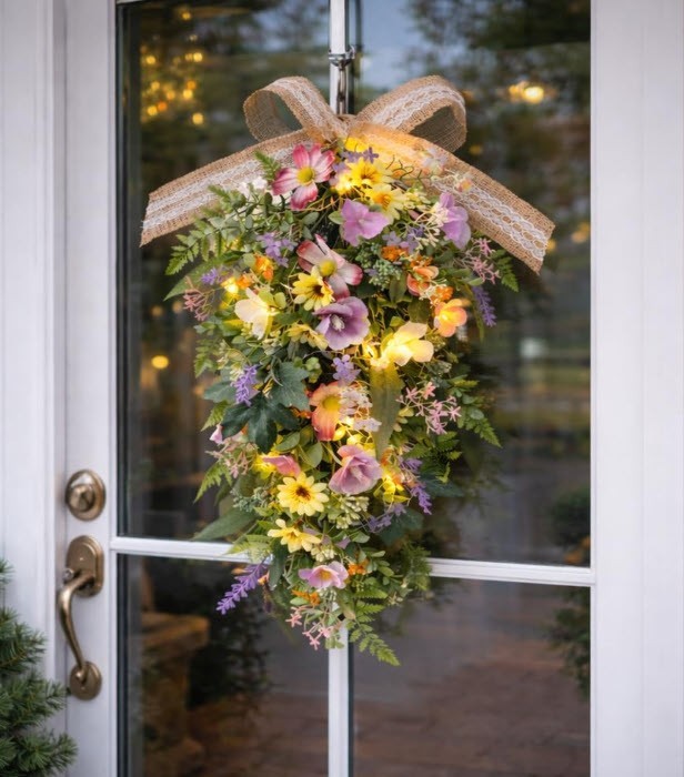 Spring Summer Teardrop Swag for Front Door-Porch-Wall with LED Lights Artificial