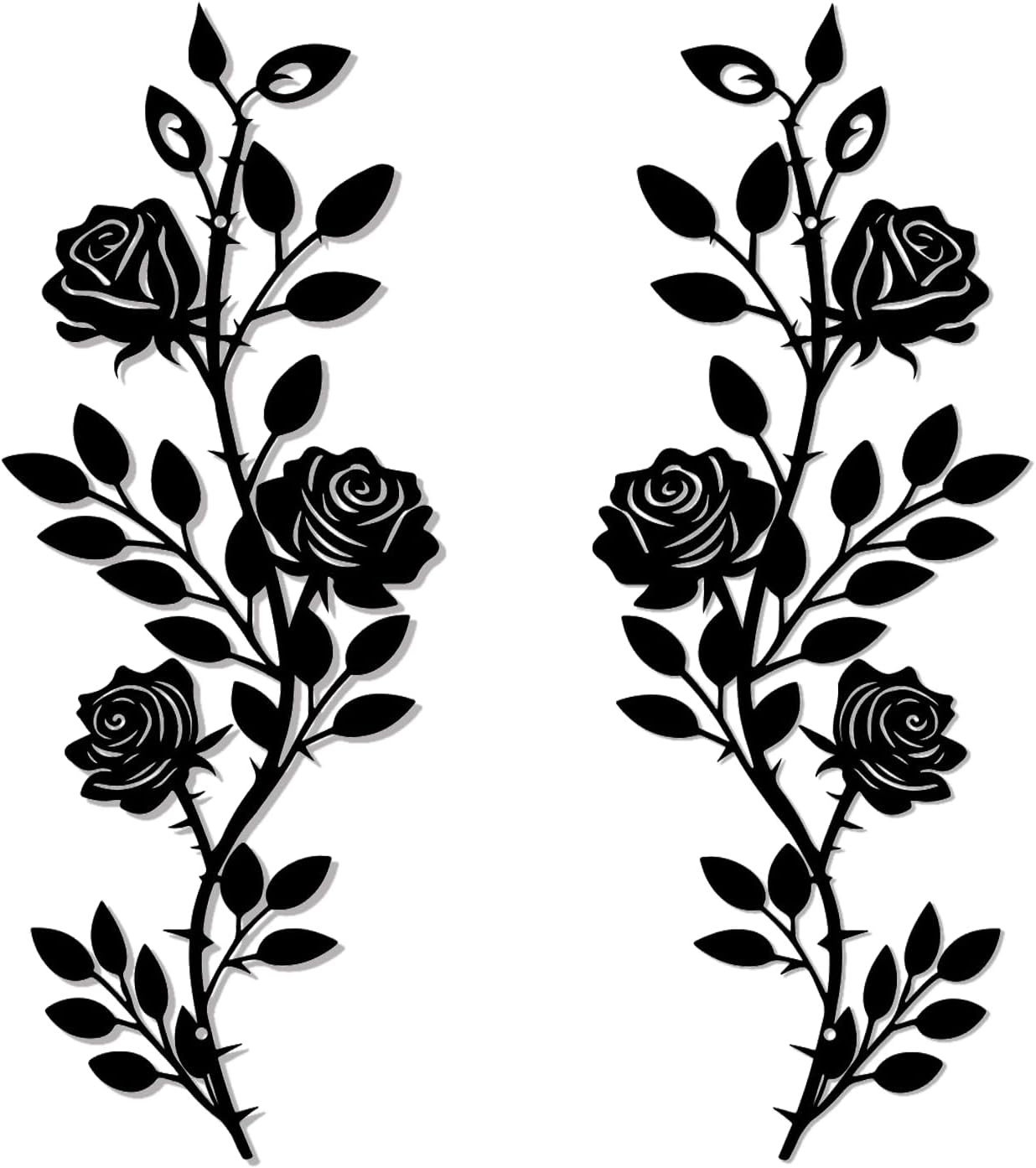 2Pcs Metal Rose Floral Wall Decor Art , Rustic Wrought Iron Plant