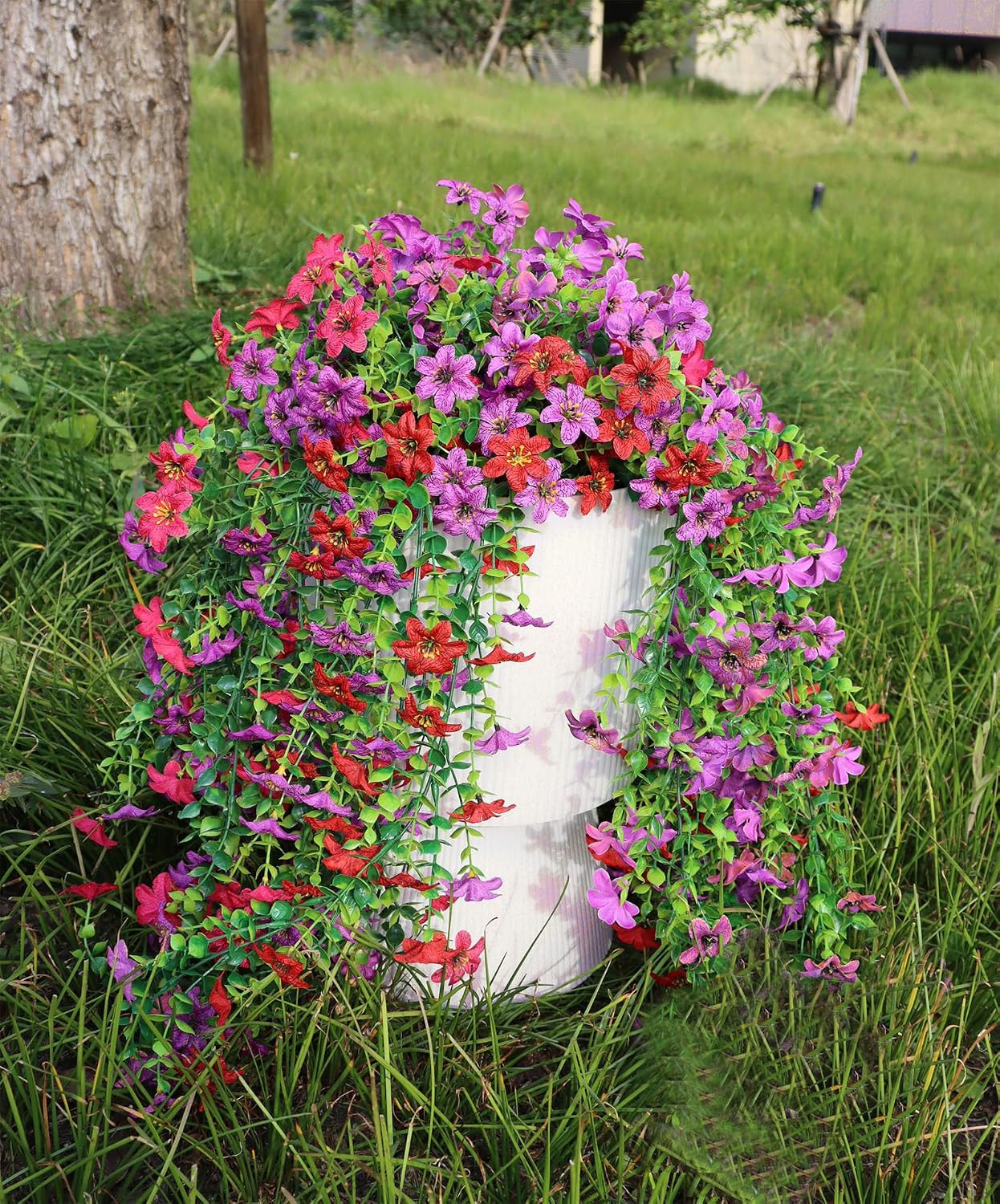 Artificial Hanging Flowers for Outdoors, 4 Pack Fake Hanging Plant for Spring Su