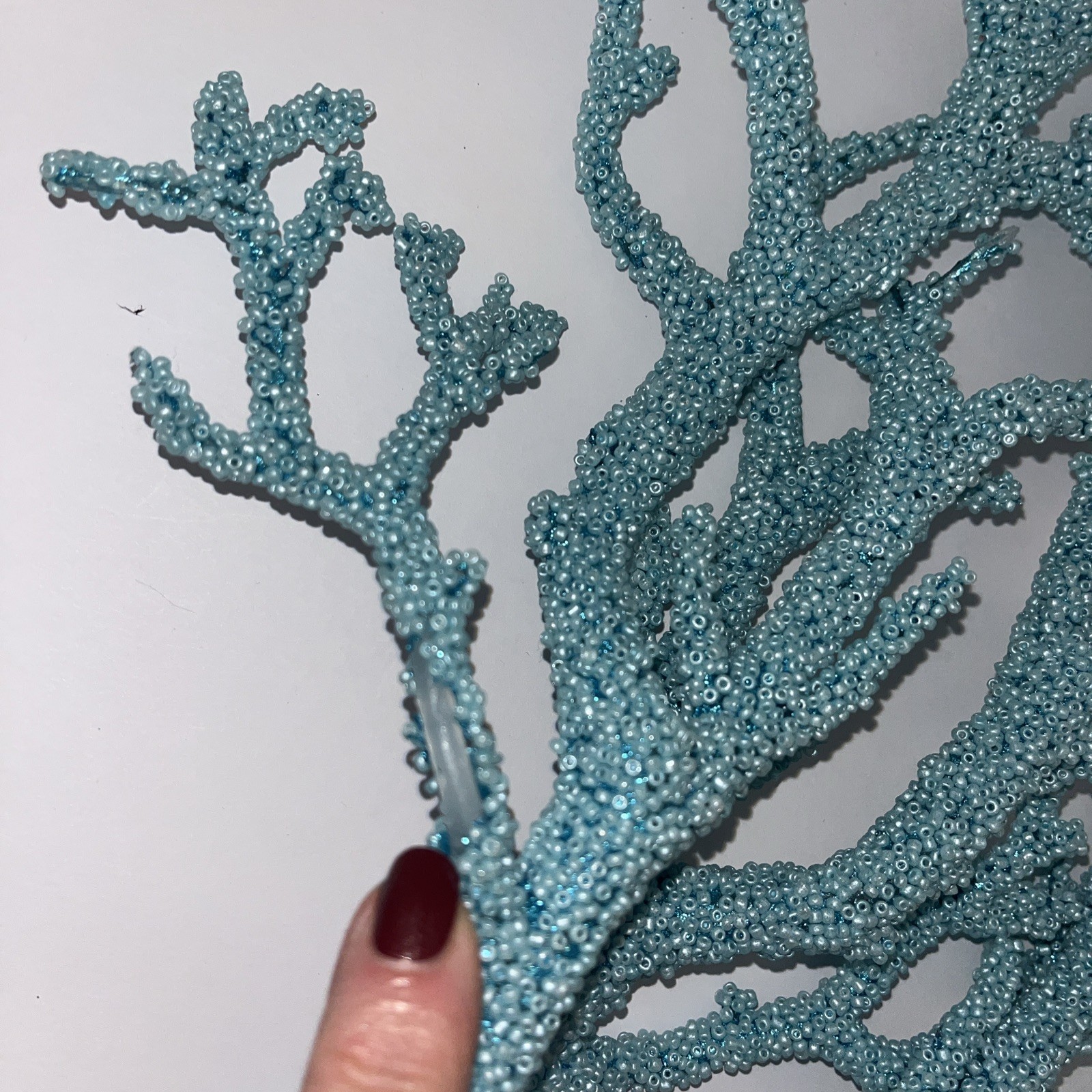 Lot Of 3 Glittered Beaded Twig Branch Spray Blue Coral Nautical Branch Florals