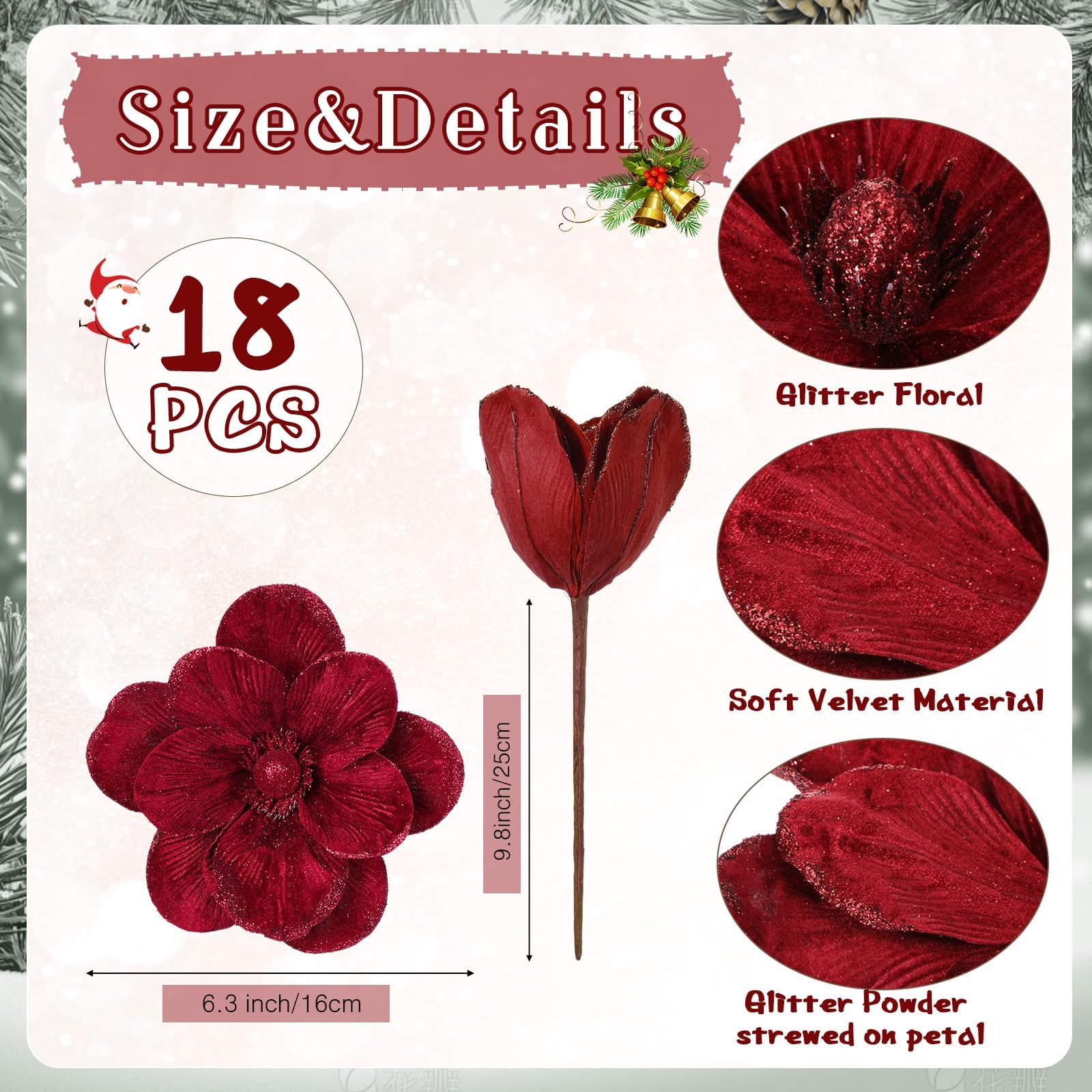 18 PCS Large Velvet Christmas Poinsettia Magnolia Flower Ornament Glitter Red