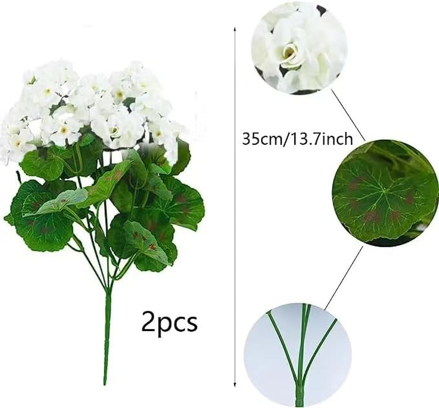 2Pcs Artificial Geraniums Silk Flowers Outdoor Artificial White Geranium Bush Fa