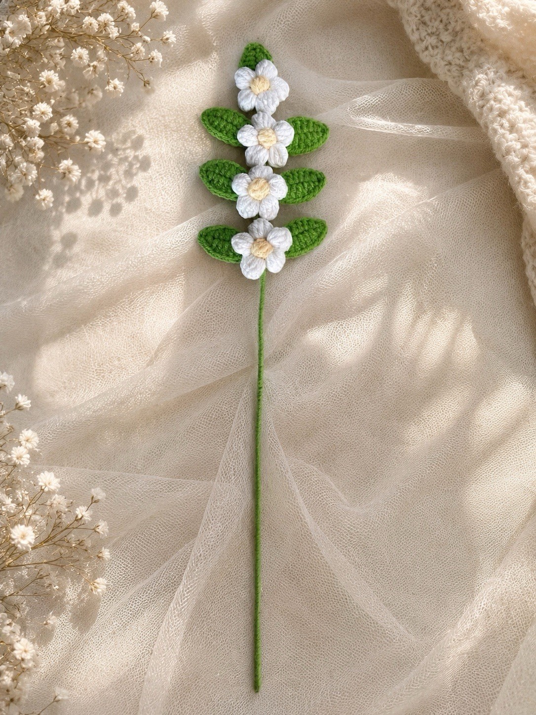 Handmade Crochet White Flower Stem Knitted Floral Decor Gift Home Decoration