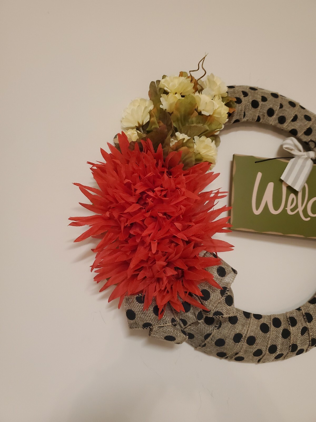 WELCOME wreath FLOWER Gerberas Mums Red burlap FALL autumn Decor Front Door 15