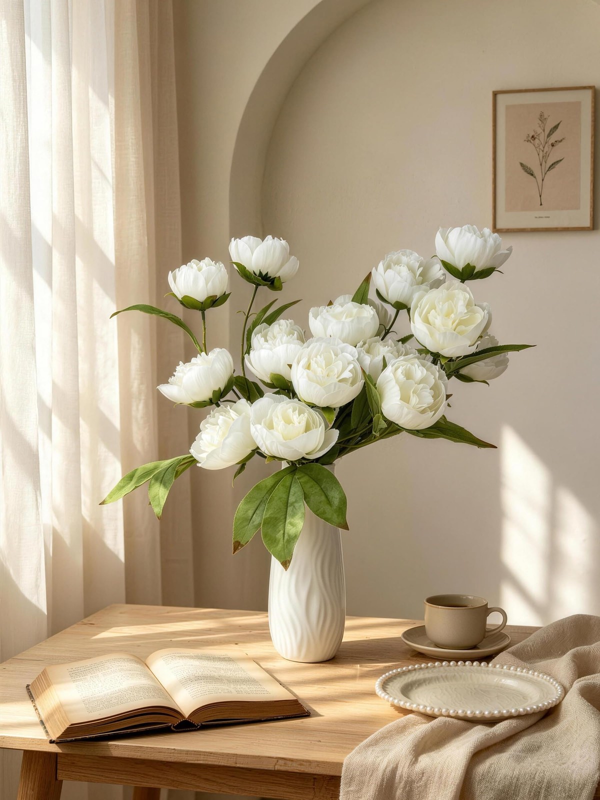 Artificial Peony Flowers for Tall Vase, 27″, 6 Pcs (White Peony)