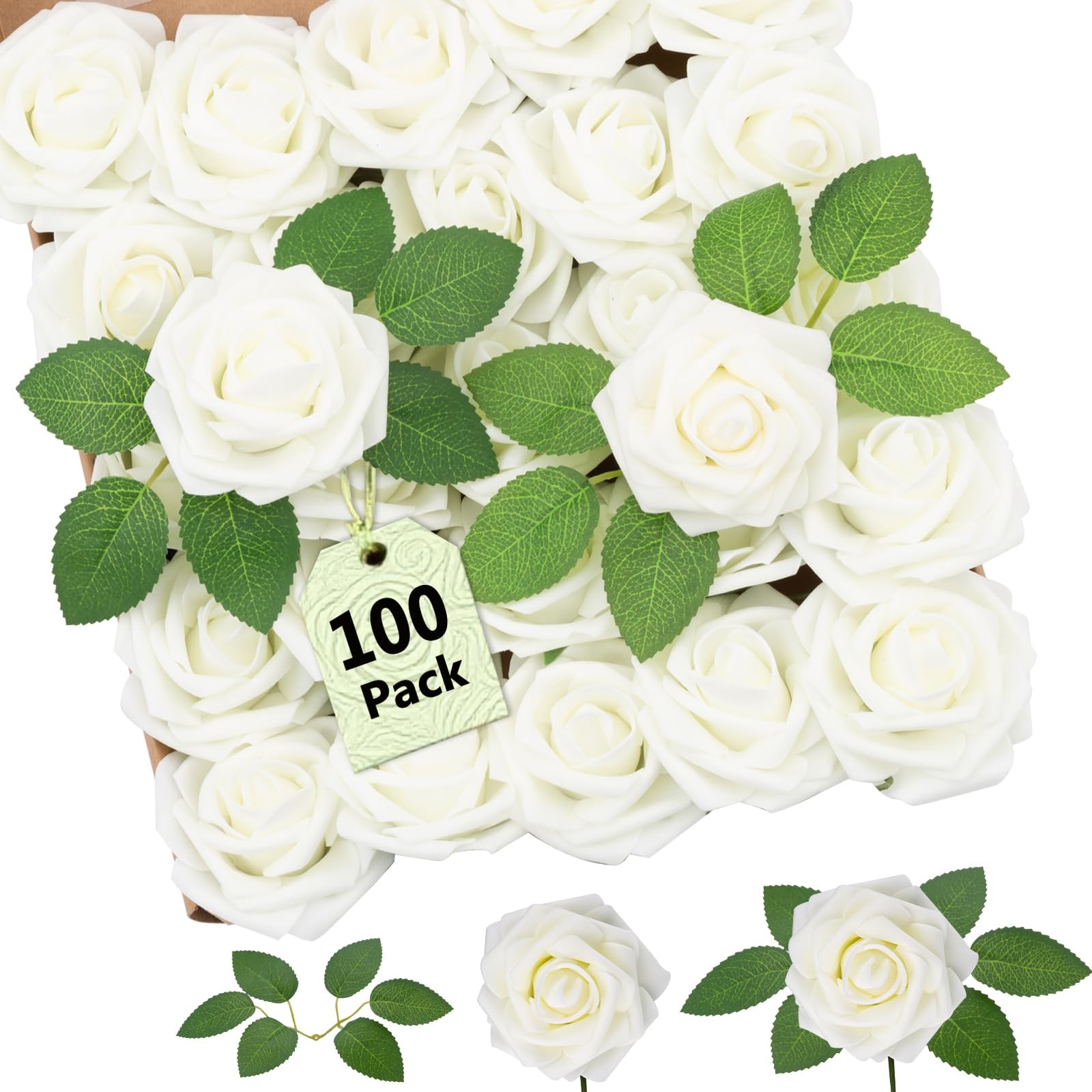 100Pcs Artificial Flower White Fake Rose for Wedding Centerpiece
