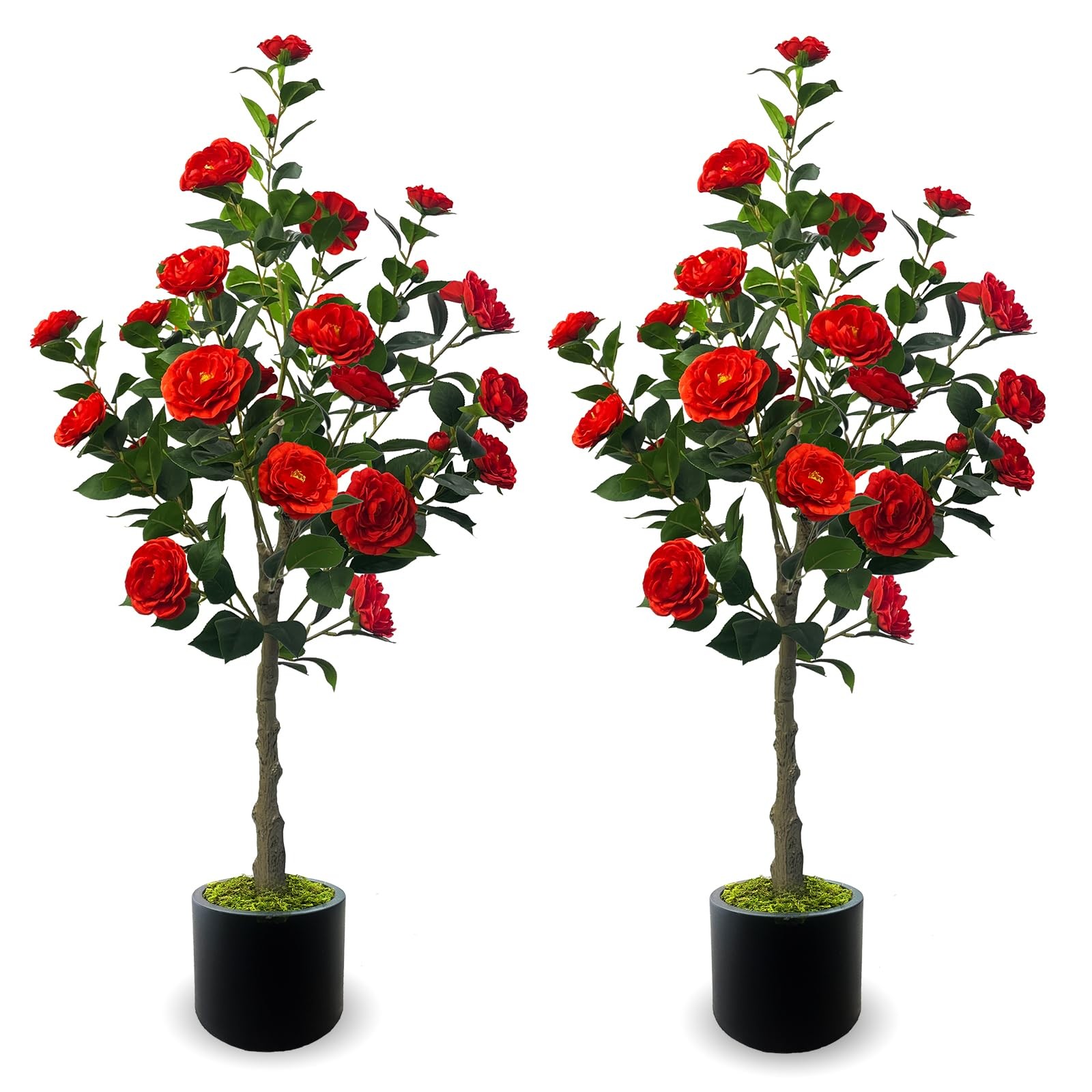 48” Artificial Camellia Tree with Red Flower in Pots -2 Pack 4FT Faux Camell…