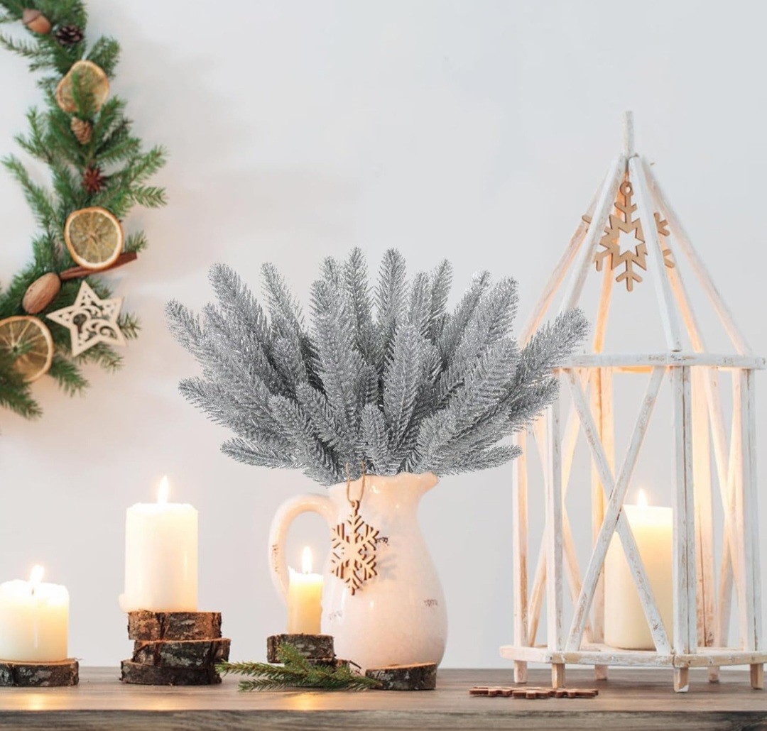 Recutms 20pcs Artificial Pine Needles Branches Christmas Glitter Twigs Pine…