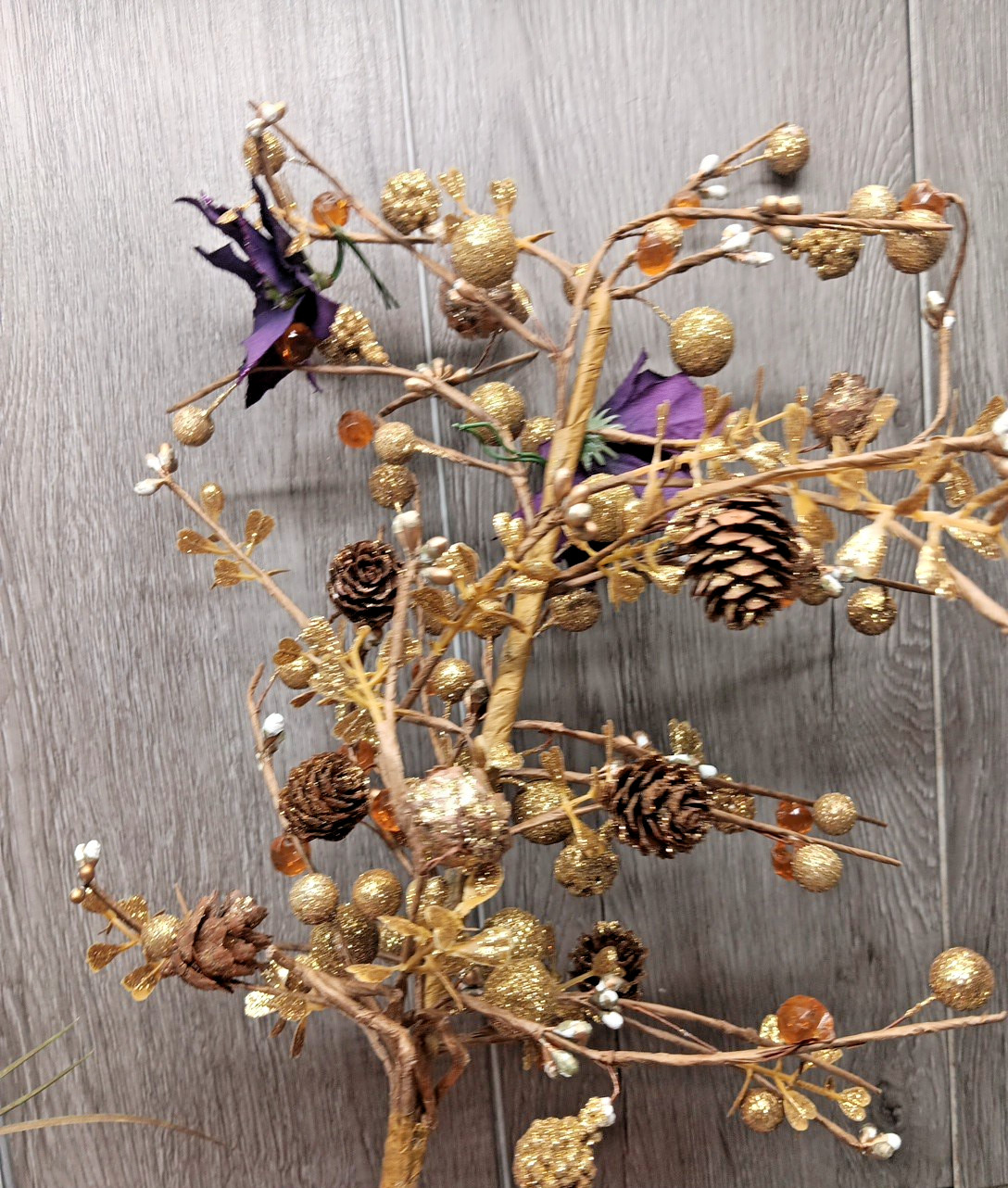 Gold Glitter, Pine Cones, Berries, Beads, Wired 15″ Spray – Holiday-Craft 2Pc