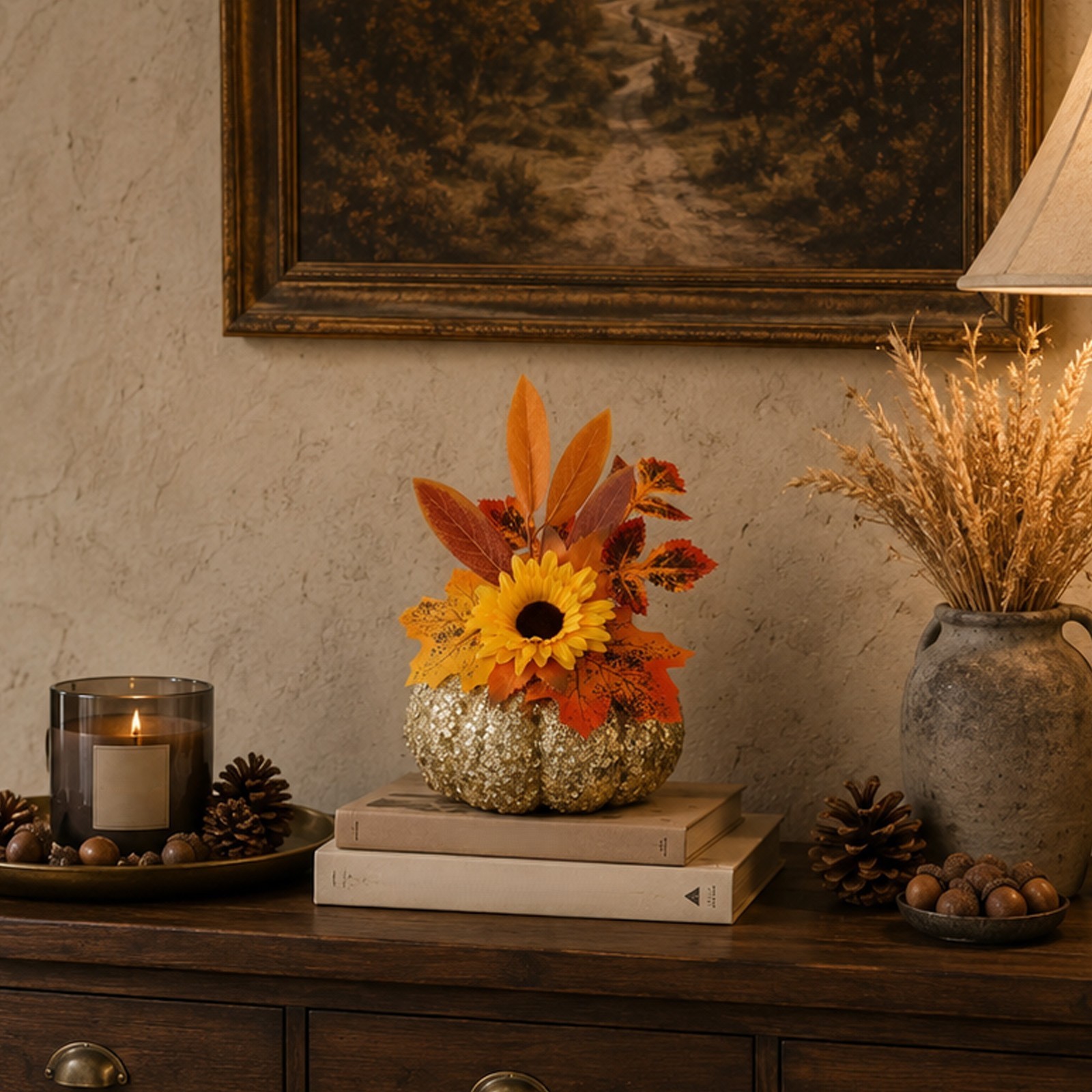 Table Centerpiece: Glitter Pumpkin with Silk Dahlias and Printed Leaves