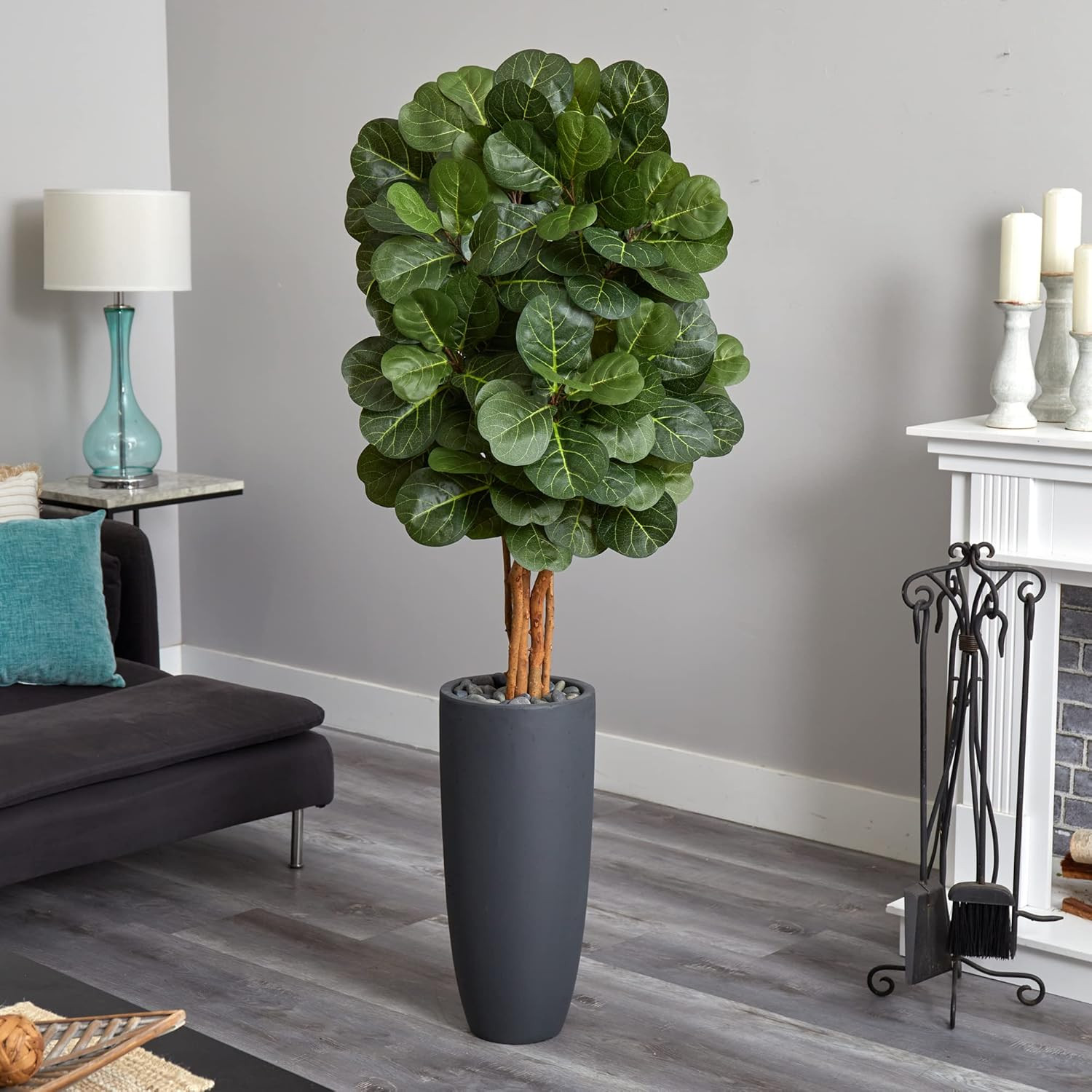 5.5Ft Fiddle Leaf Artificial Tree in Stylish Gray Cylinder Planter