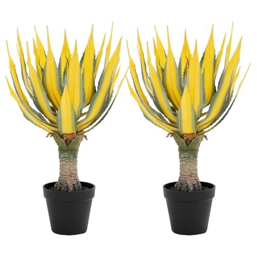 Artificial Green Edged Gold Leaf Spiny Agave Plant with3 Leaves Faux 19.68in 2