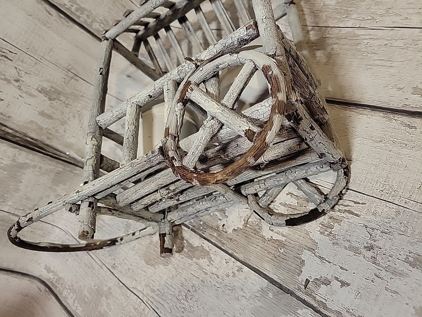 12″ Wood Twig Built Wheel Barrel Planter Flower Pot Decor Farmhouse Rustic