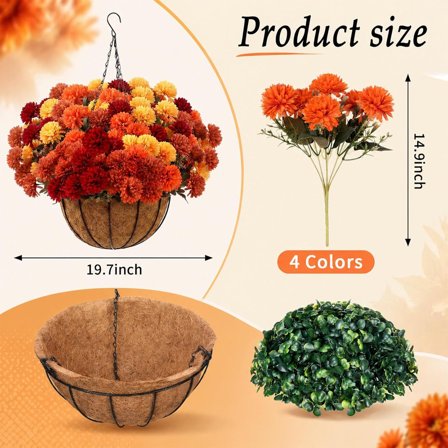6 Bundle Fall Mum Artificial Flower Hanging Basket for Outdoor Porch Decor Fake