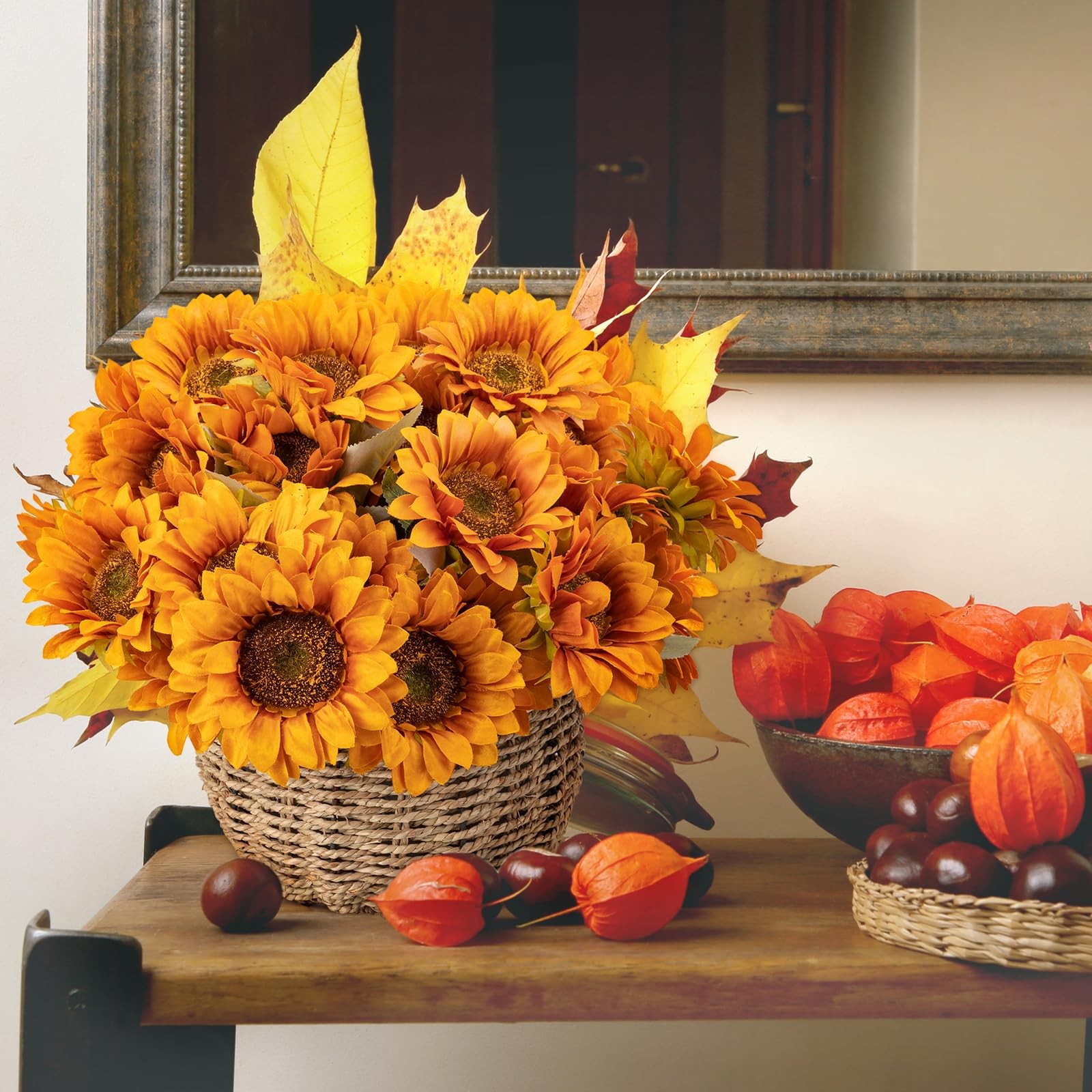 4 PCS 16.5inch Autumn Faux Sunflowers Artificial Flowers Bulk 28 Heads Fall S…