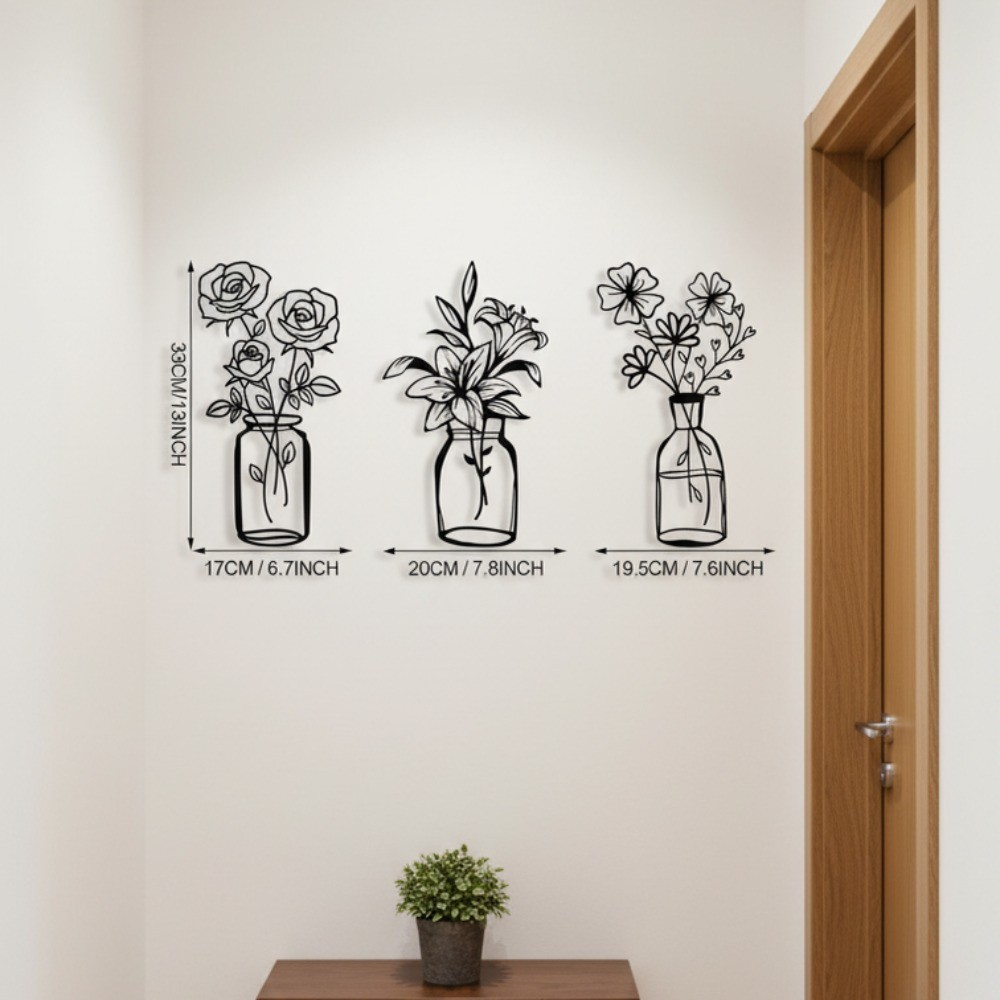 3-Piece Metal Tulip Wire Art Minimalist Home Decor, Stylish Graceful Room Design