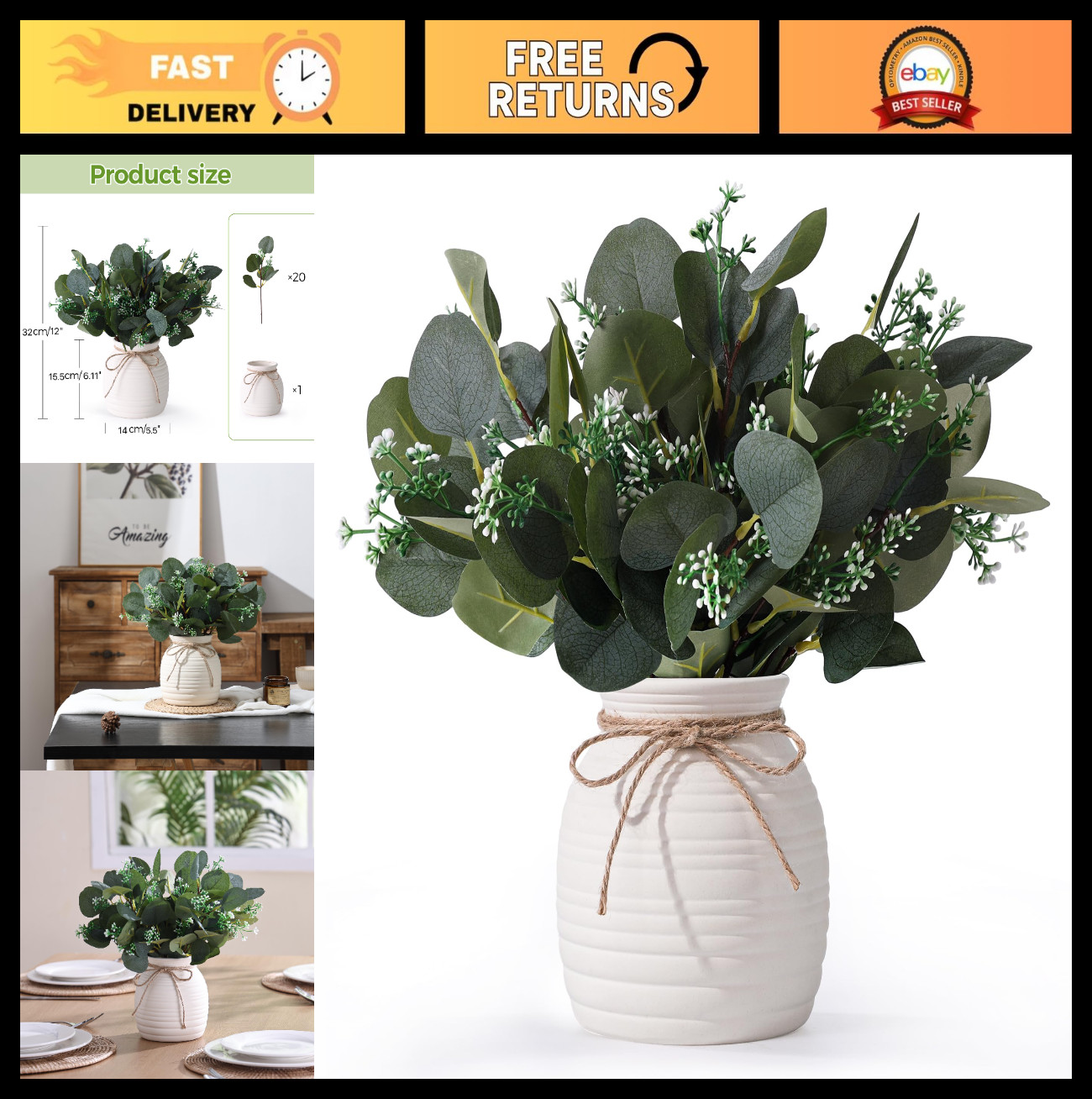 20pcs Eucalyptus Faux Plants in Vase | Modern Farmhouse Home Decor, Indoor Green