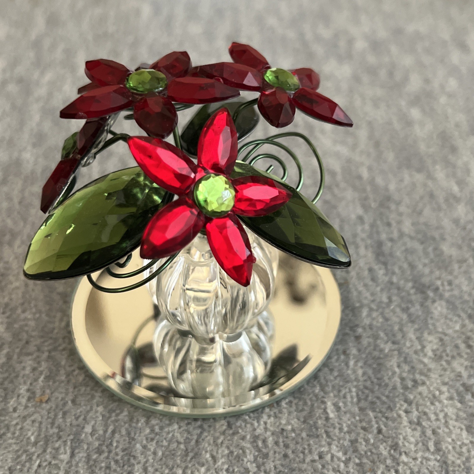 Poinsettia Flowers In Vase With Mirror Small Decor Plastic 3in Tall Shelf Sitter