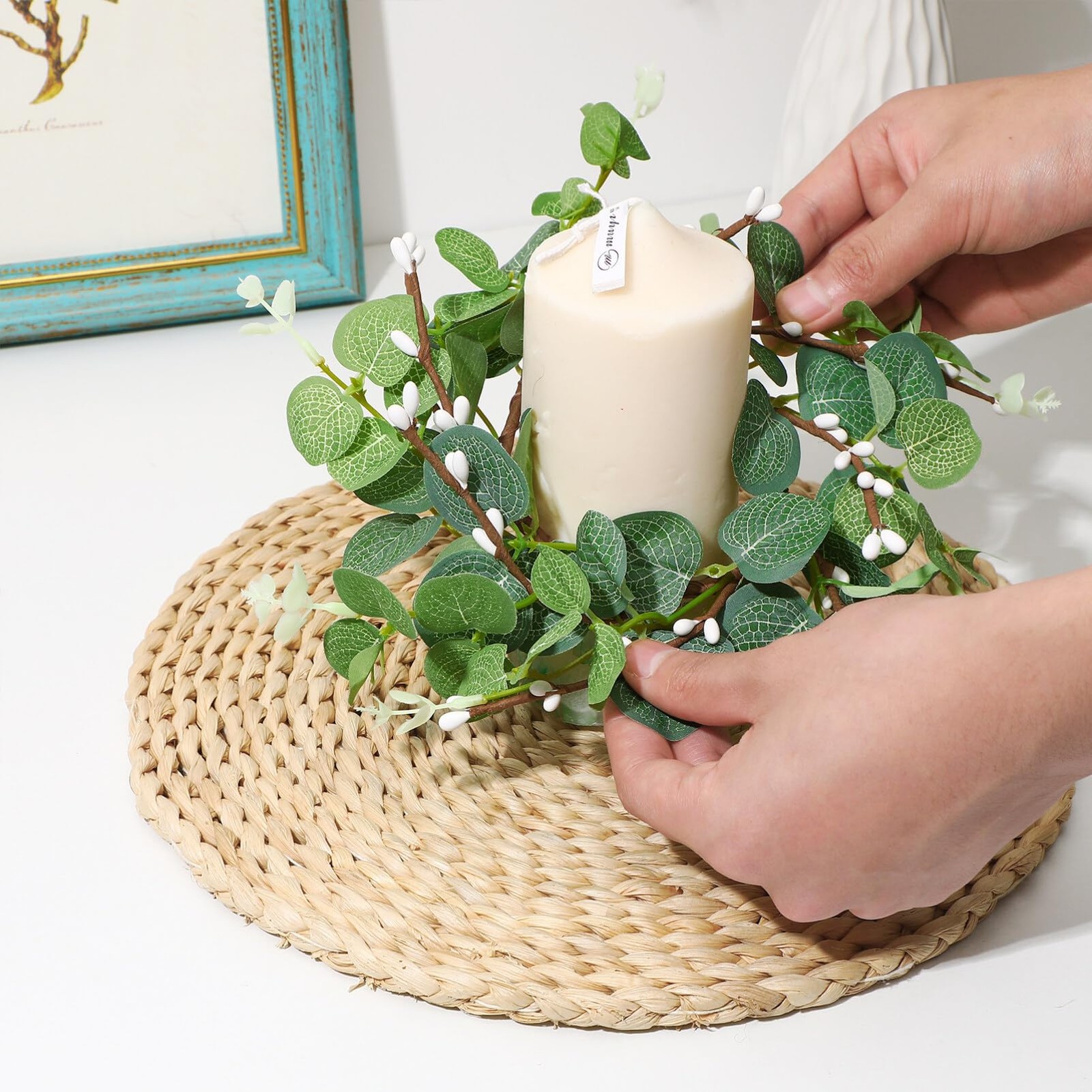Eucalyptus Candle Rings Wreaths 5.9 Inch Artificial Greenery Mini Centerpiece