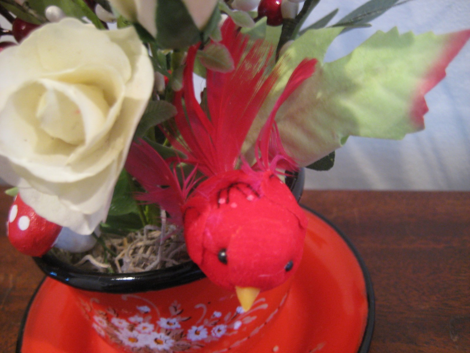 Flower Arrangement – Vintage Enamelware Cup Saucer – Table Decor – Centerpiece