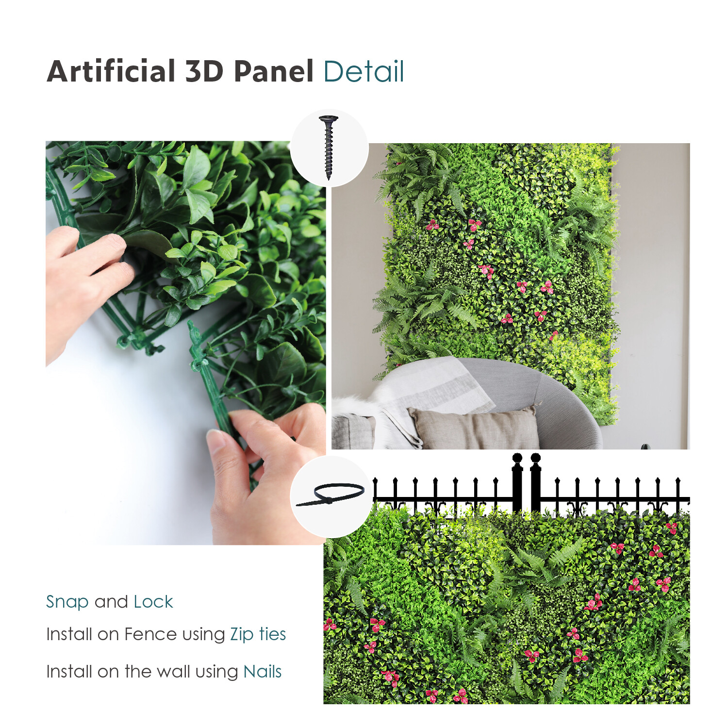 40″ Artificial Mix 3D Leaf Mat Wall Hedge Decor Privacy Fence Panel Grass # 09