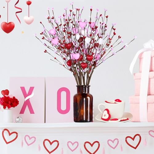 Valentines Day Decorations Artificial Heart Flowers Berry Stems Gifts, 6 Packs