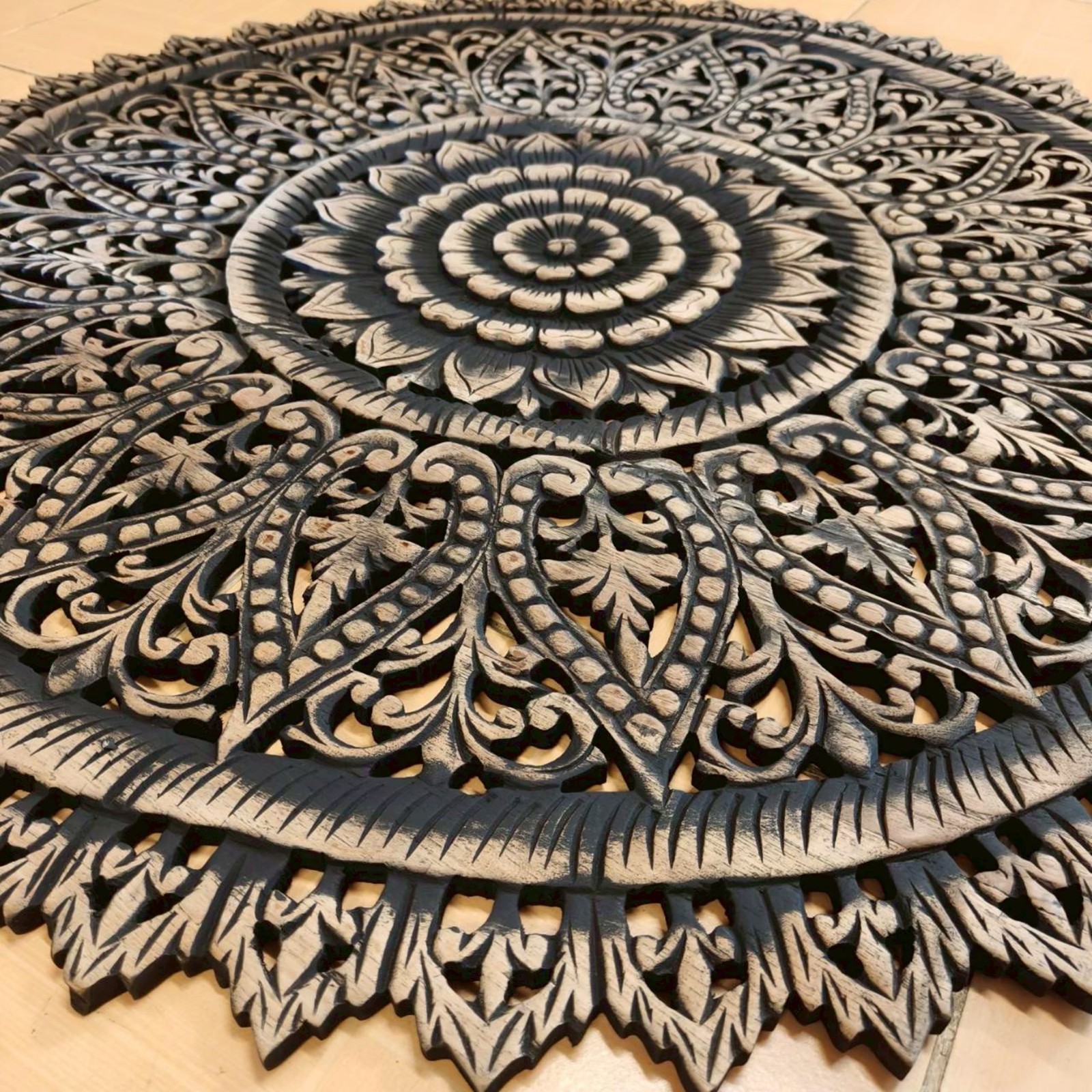 36″ Large Round Black Mandala Wood Carving Wall Art 3-Piece Set Office Decor
