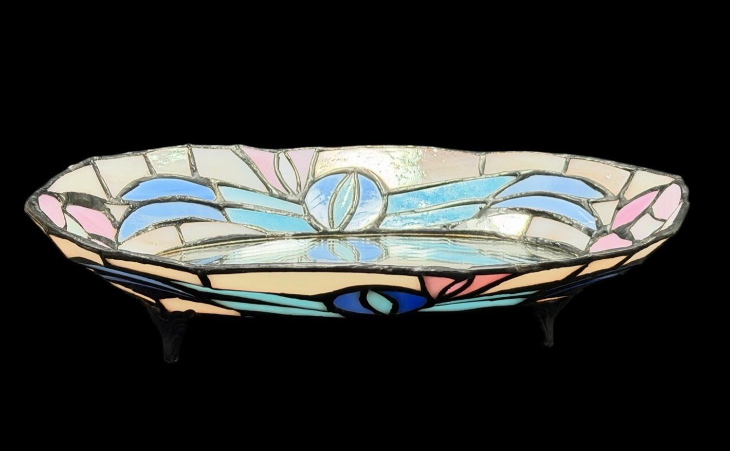 Pastel Stained Glass Style Vanity Mirror Tray Jewelry Dish Art Deco Decor