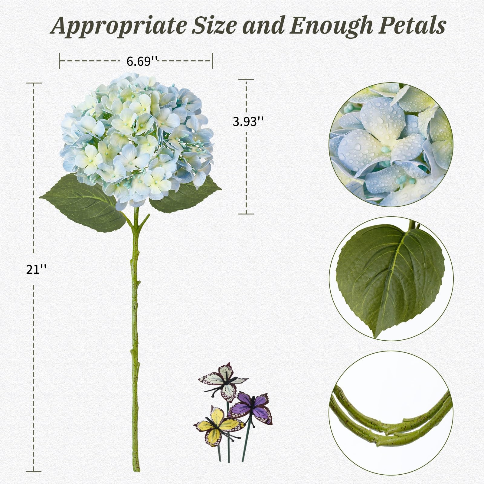 Light Blue Hydrangea Artificial Flowers 21″ Real Touch with 3 PCS Butterflies