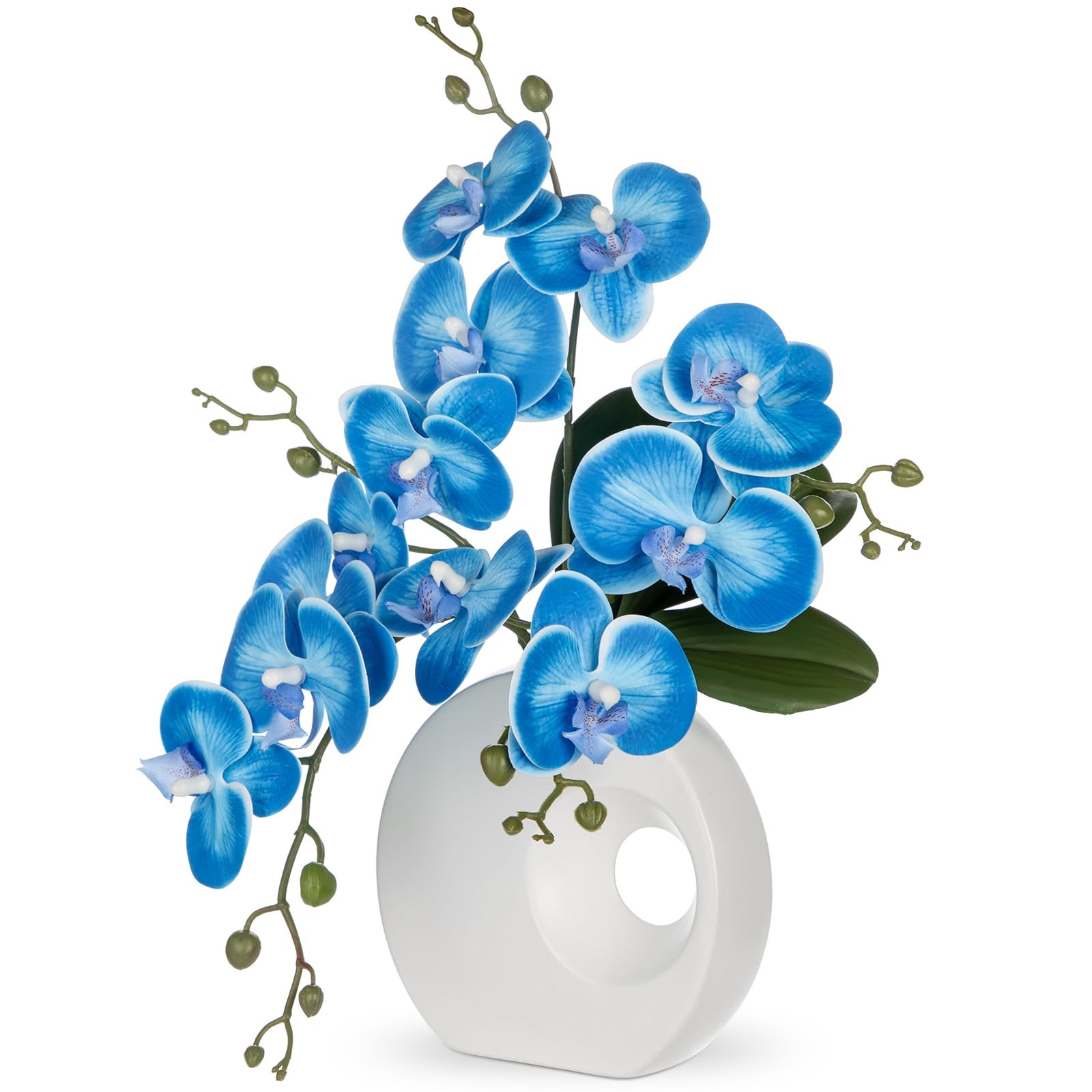15.7-inch Tall Blue Artificial Orchid, Ceramic Vase, Silk Flower, Centerpiece