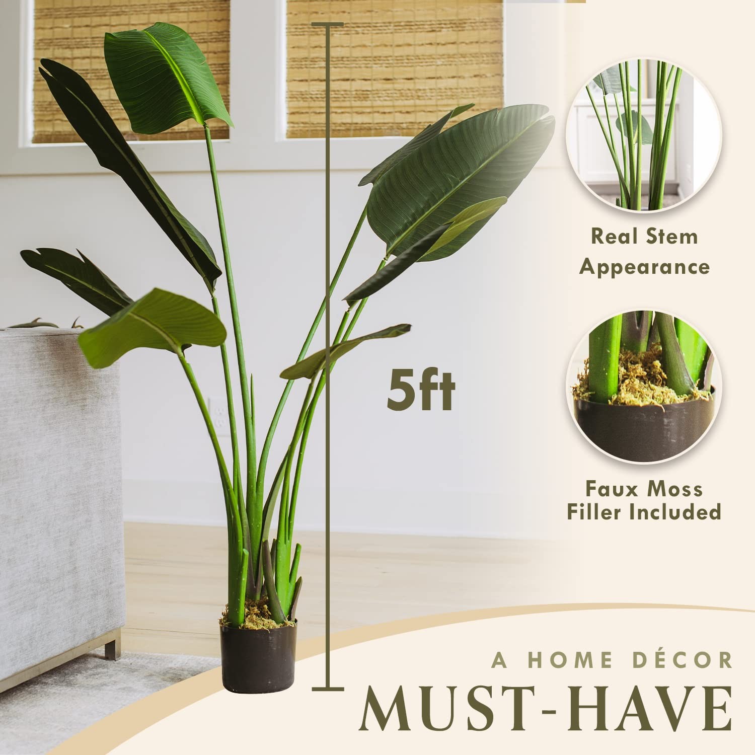 55 inches – Bird of Paradise Artificial Plant, Comes with Black Pot, Large,Vi…