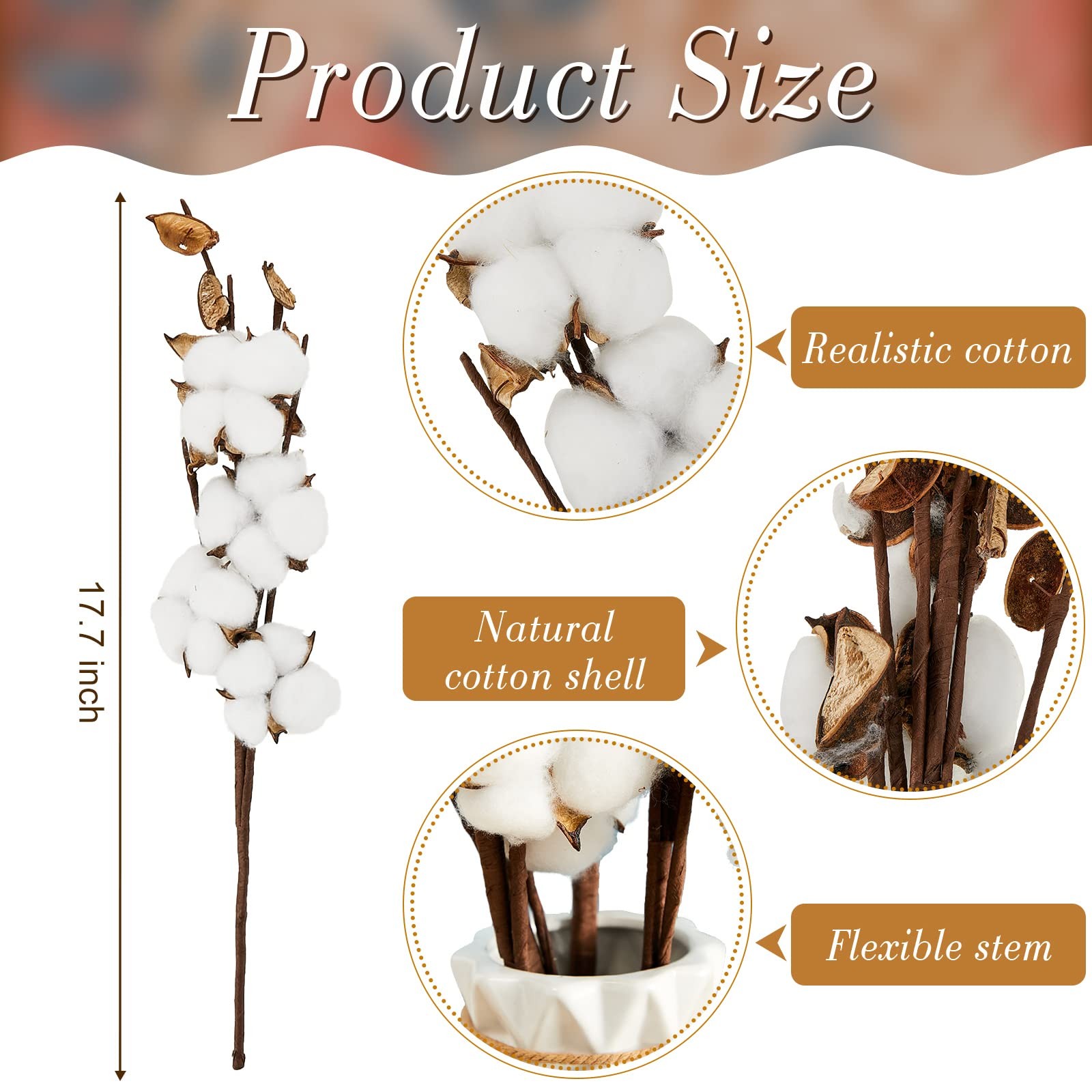 24 Pieces Farmhouse Cotton Flowers 17.7 Inch Fake Artificial Cotton Stems wit…