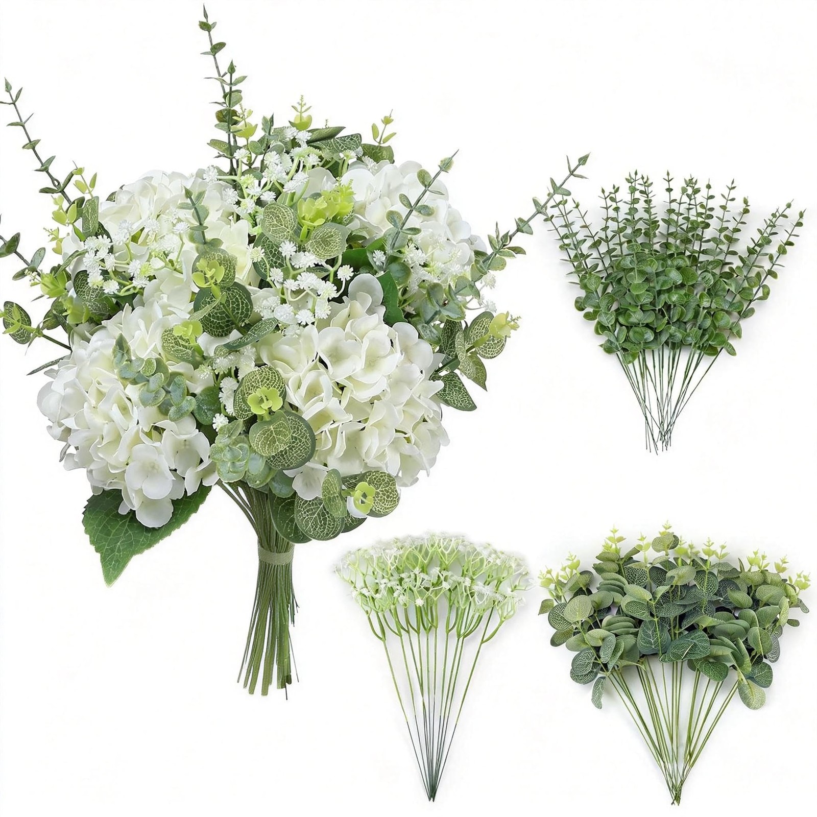 4 Kinds 55PCS Silk Hydrangea Artificial Flowers Eucalyptus Stems, Fake Flower…