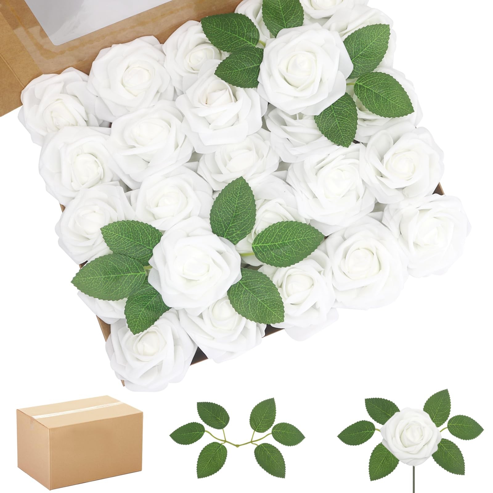 100 PCS Artificial White Roses Real Looking Foam Fake Flower Leaves Heads