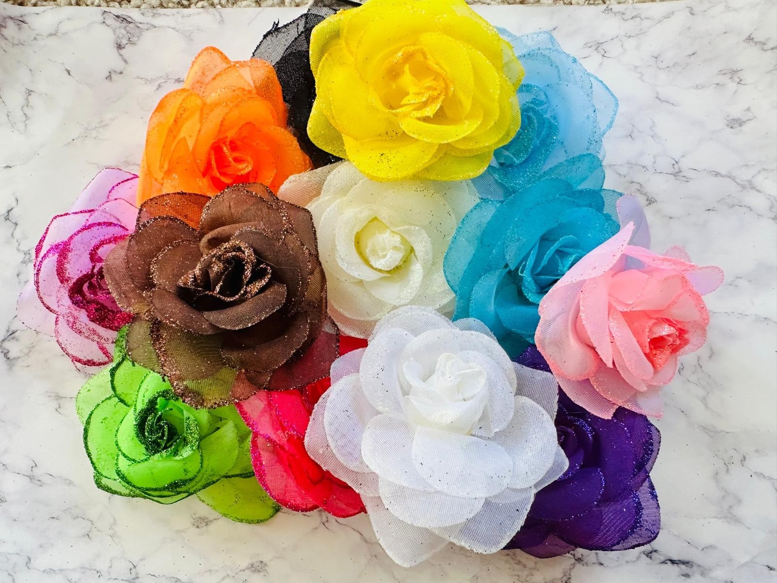 12 Pc Glitter Roses Artificial Fabric Flowers Bridal Shower Decor Assortment
