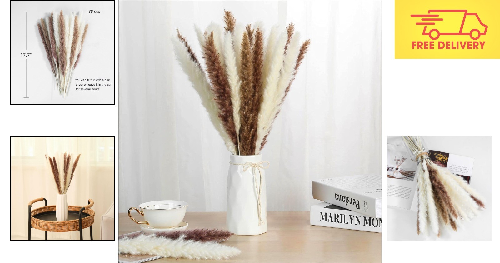 30 Pcs Natural Pampas Grass – Fluffy & Stylish 17.7 Inch Decorating Bouquets