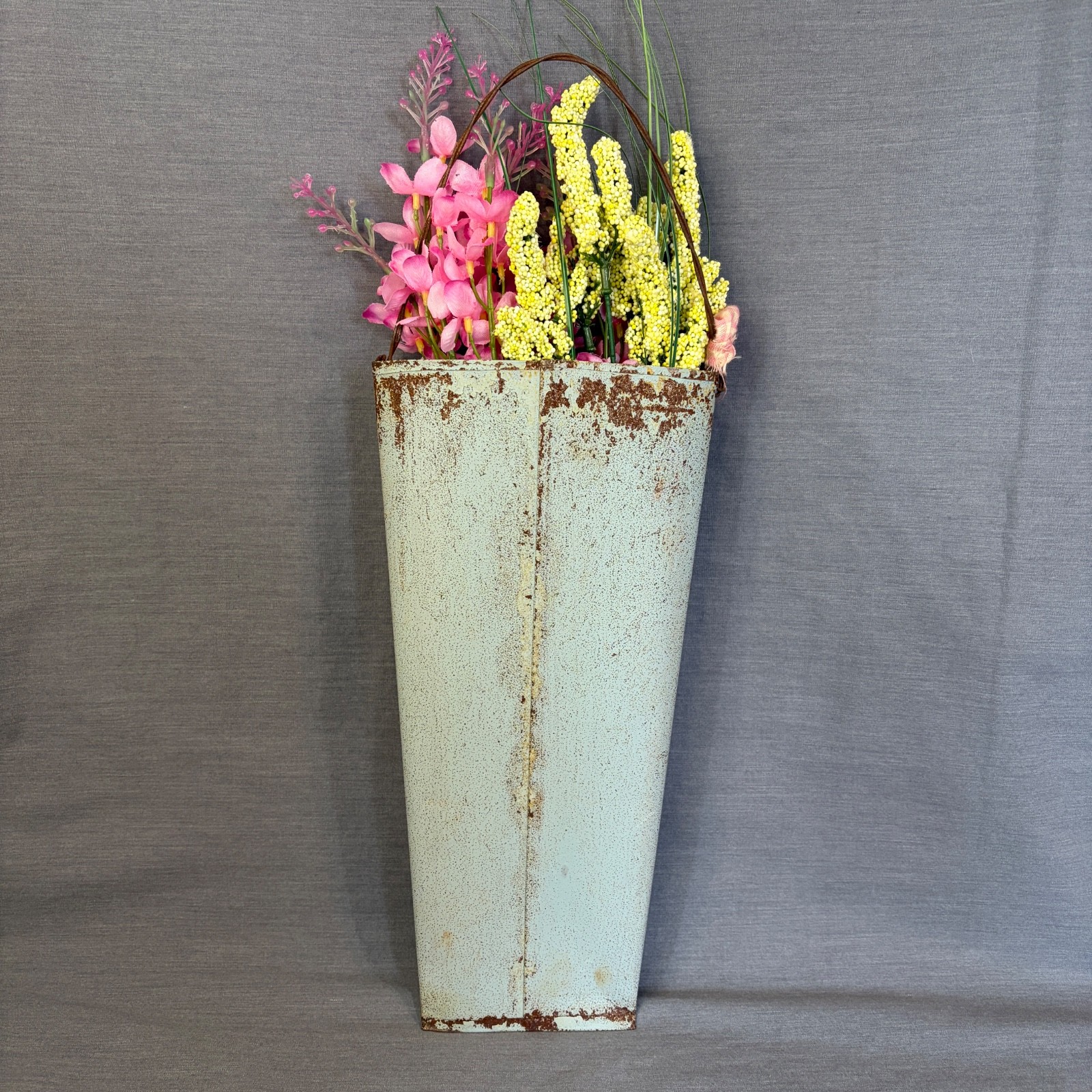 Bunny Rabbit Distressed Wood & Metal Wall Pocket Hanging Planter Spring Flowers
