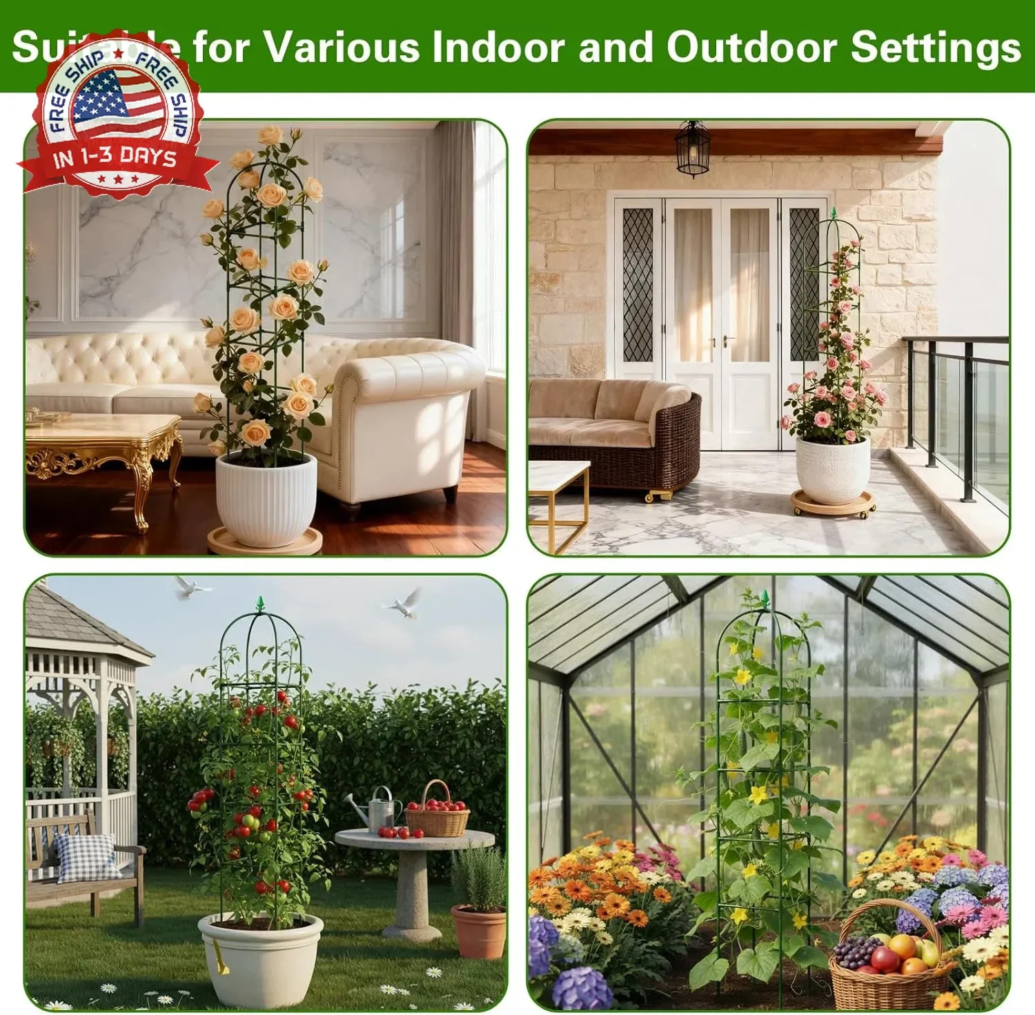 2 Pack Garden Obelisk Trellis for Climbing Plants, 72″ Metal Rustproof Rose Trel