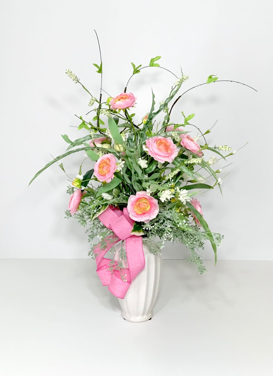 ELEGANT PINK YELLOW FLORAL ARRANGEMENT WHITE CERAMIC VASE CENTERPIECE GIFT NEW