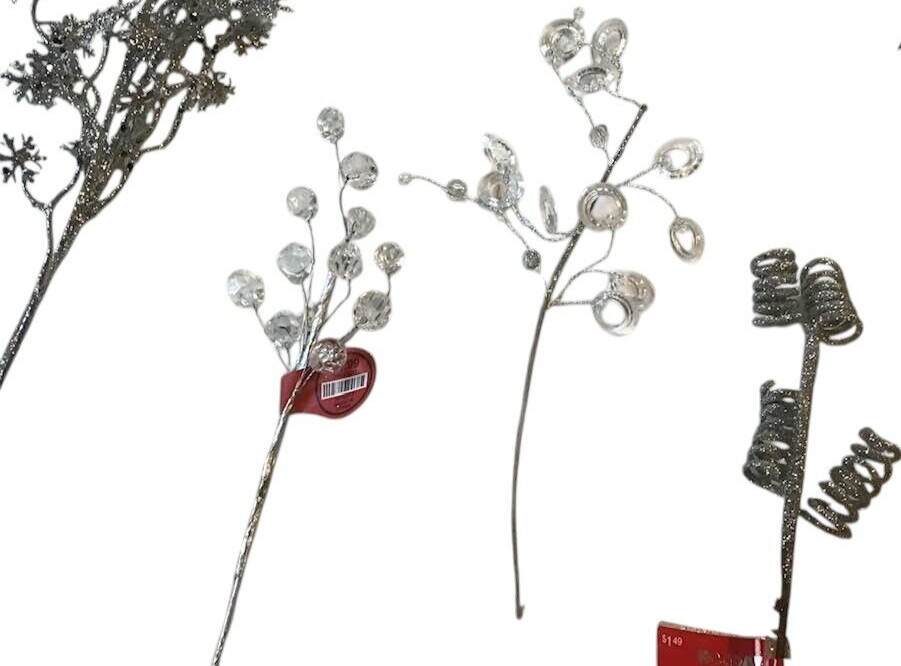 Assorted Silver Floral Stems Picks Birds Leaves Twirls Glitter Decor Crafts NEW