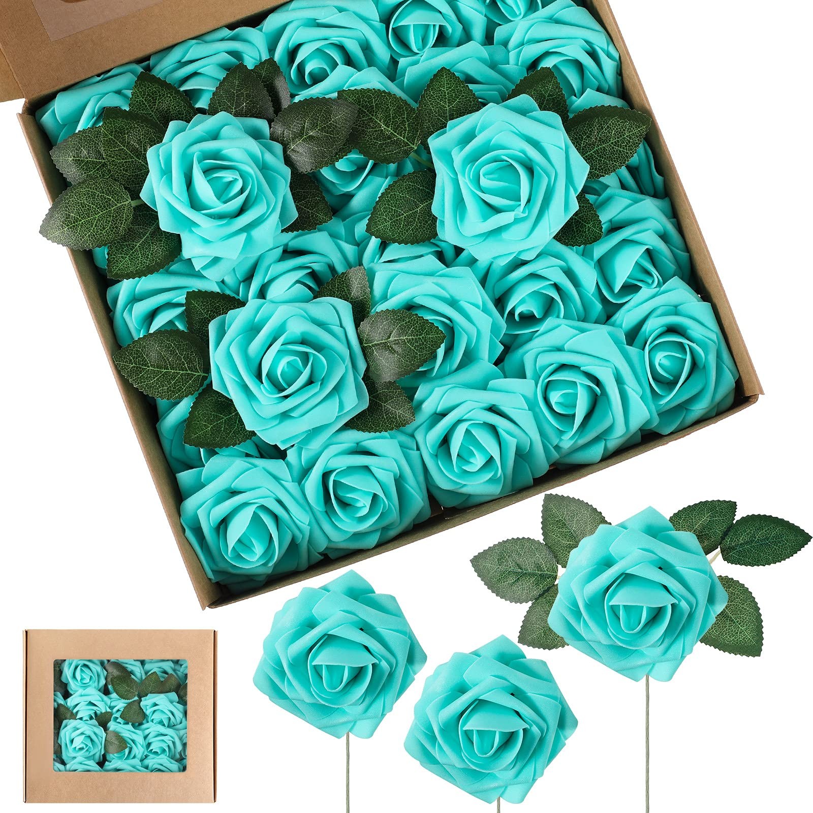 Artificial Foam Rose Flowers Vintage Fake Roses DIY Bouquets with Leaves and …