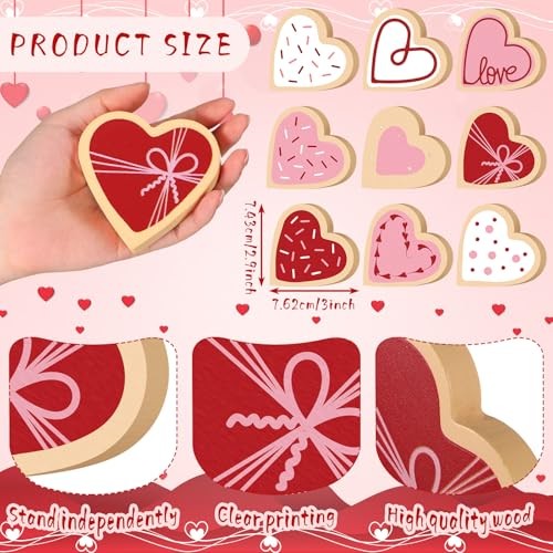 9 Pcs Valentine’s Day Wooden Heart Signs Valentines Tiered Tray Decor 6 Cookie