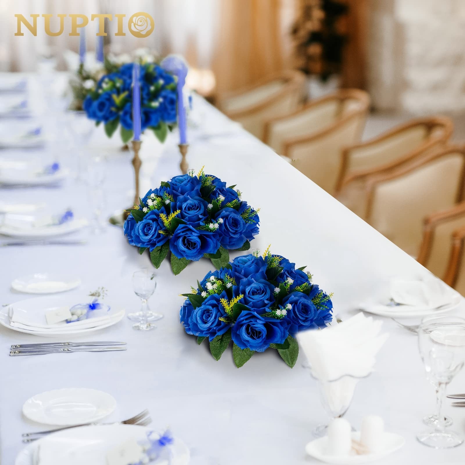 NUPTIO Flower Ball Arrangement Bouquet – 6 Pcs 9.5 inch Diameter Royal Blue F…