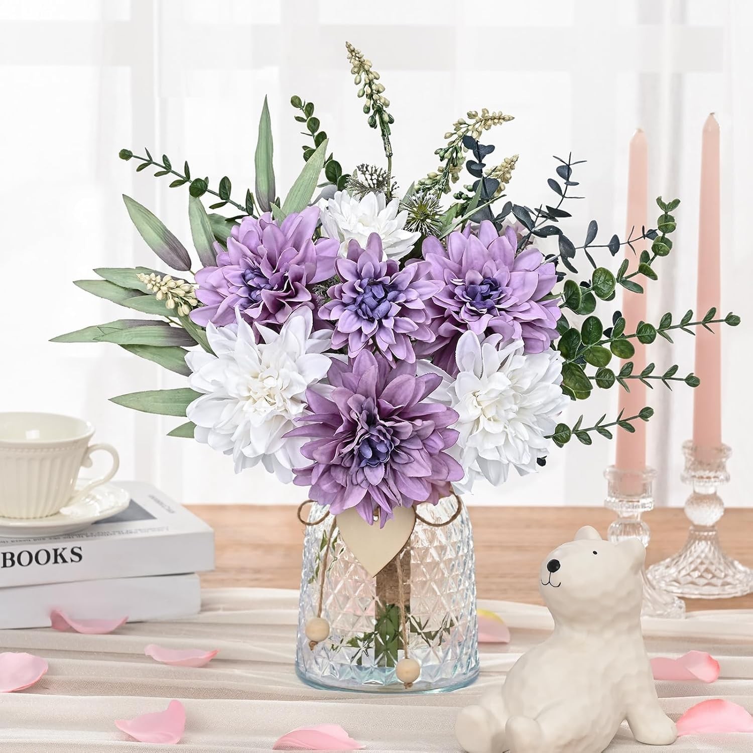 Fake Flowers in Vase with Lights, Faux Flowers in Vase, Dahlia Artificial Flo…