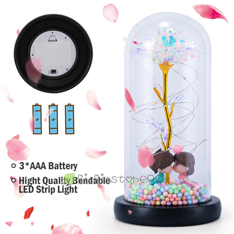 Beauty Rose Flower In Dome Glass LED Night Light Valentine’s Day Women Xmas Gift